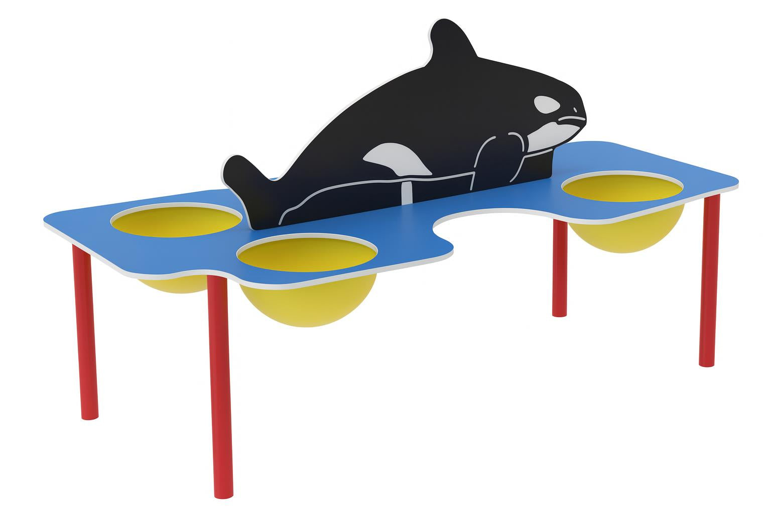 Whale Sand And Water Table with blue top, red legs, whale-shaped backrest, and three yellow sensory bowls for outdoor play