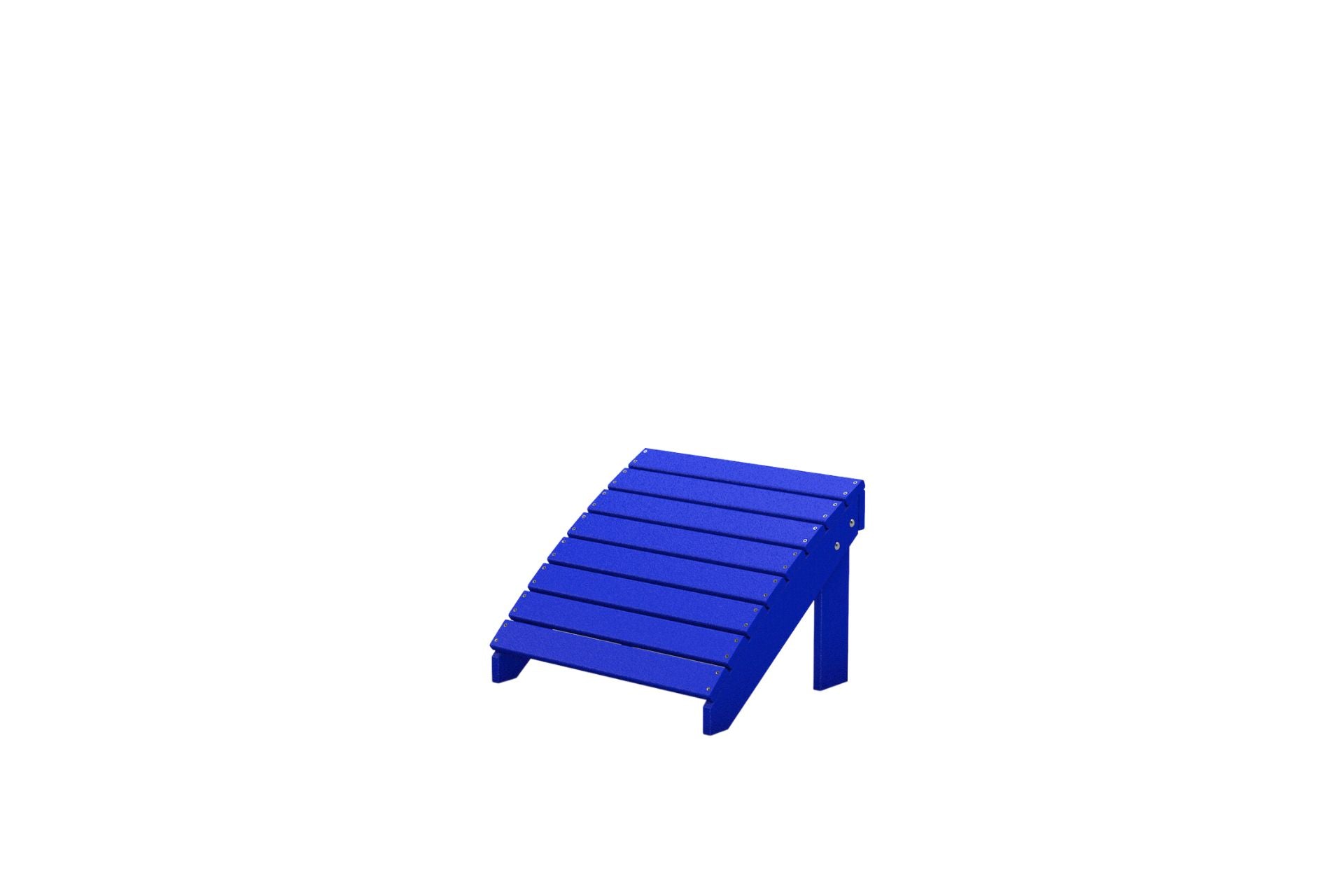 Ottoman Recycled Plastic Adirondack footrest in blue with slatted top and angled legs for outdoor use