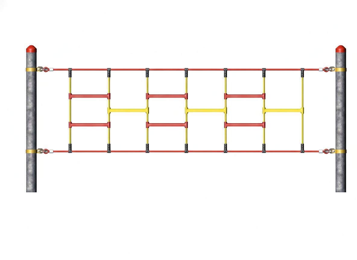 Climbing Rungs playground equipment with red and yellow steel rungs suspended between two gray posts for active play and coordination development