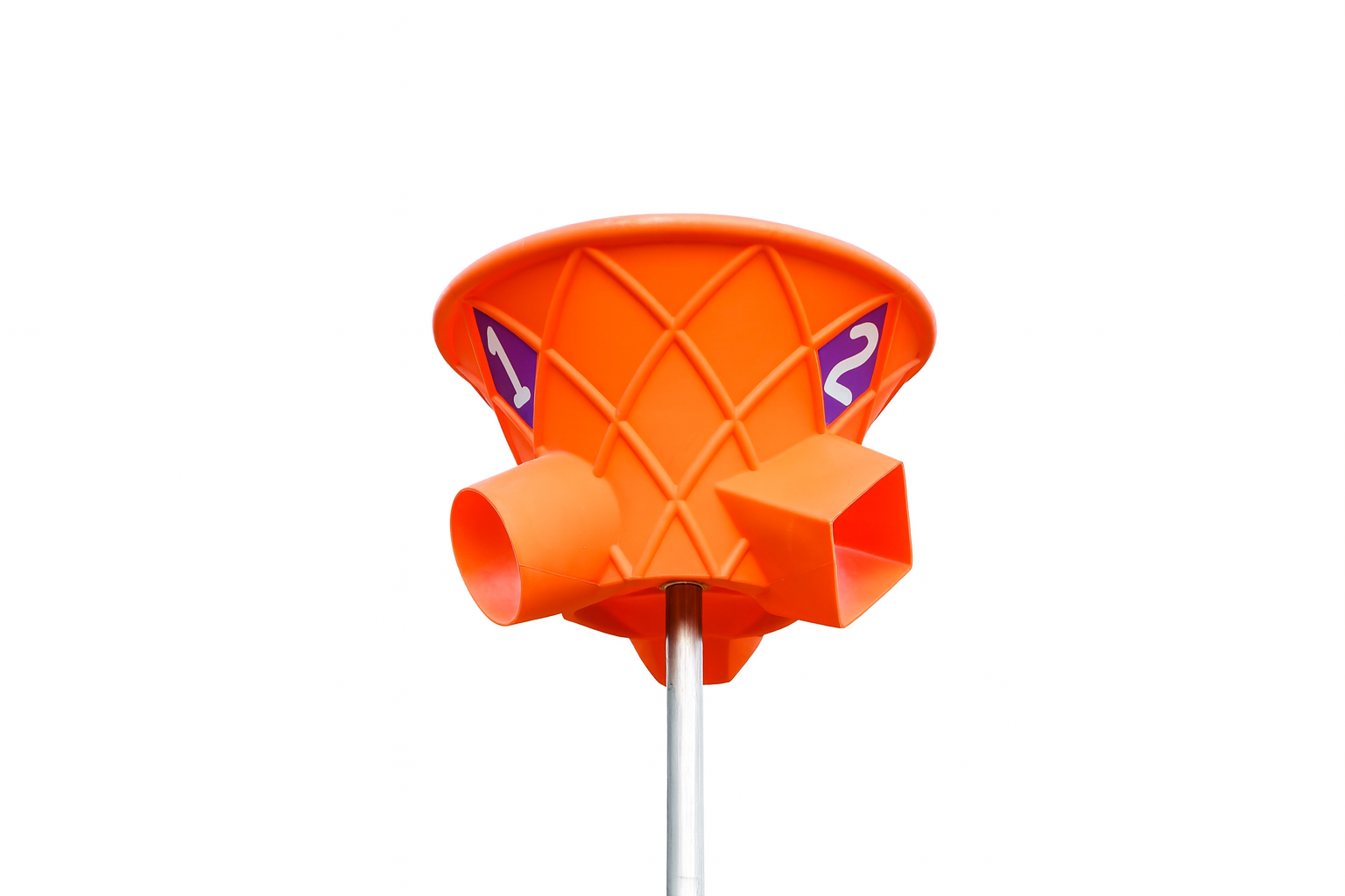 Orange three-sided playground ball game target with circular and square openings on a metal pole for active group play