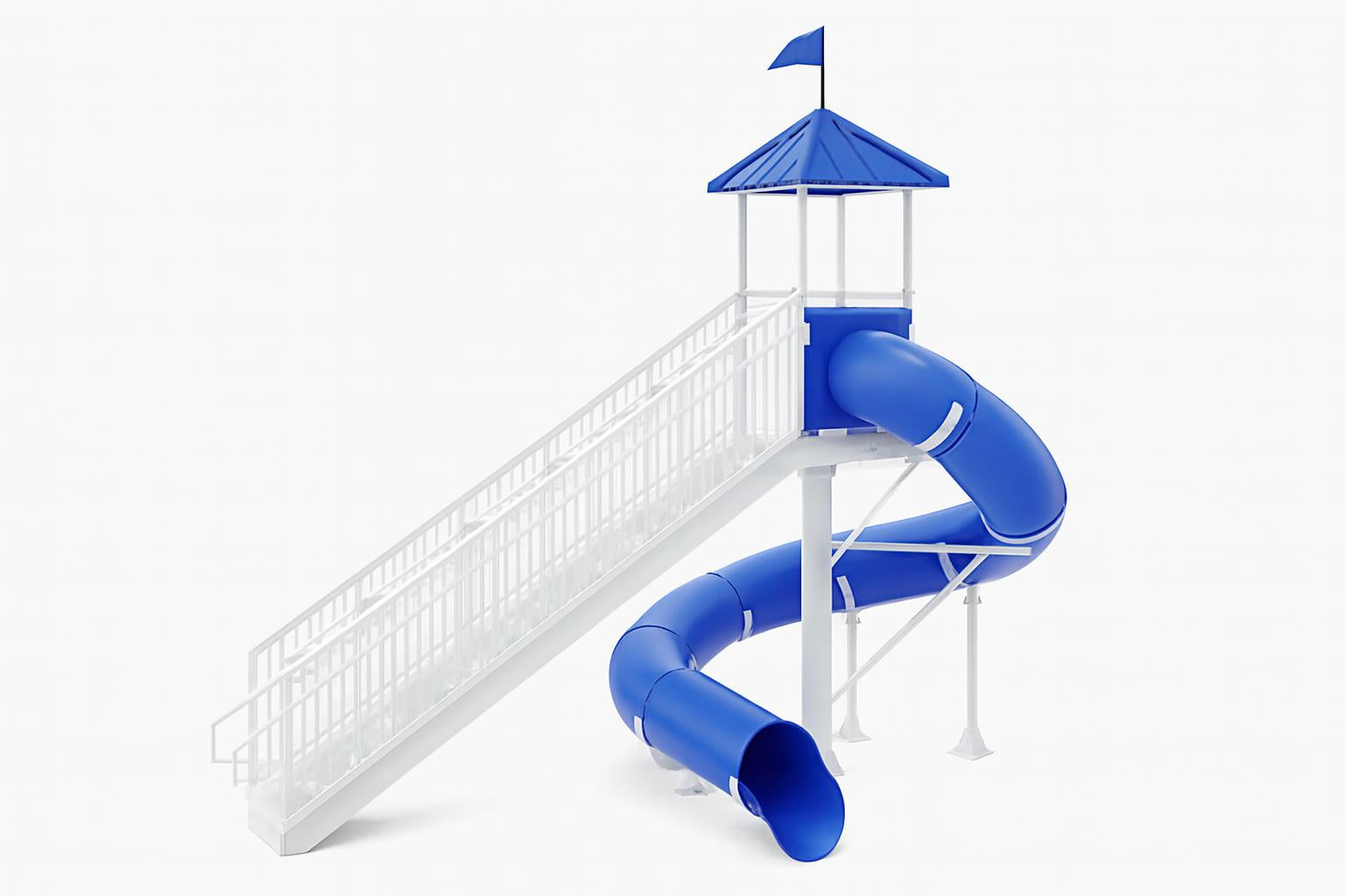 Bridalveil Falls Water Slide with blue 360-degree turn, white freestanding stairs, blue roofed platform, and splashdown pool near palm trees