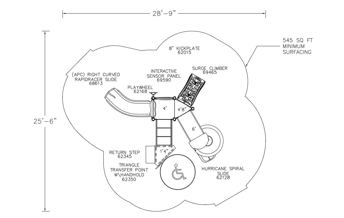Overhead view of a large playground system featuring slides, climbers, an interactive panel, and an accessible transfer point