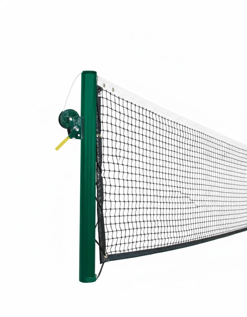 Official Tennis Net with black double braided polyethylene netting, reinforced white headband, and green tension post with crank.