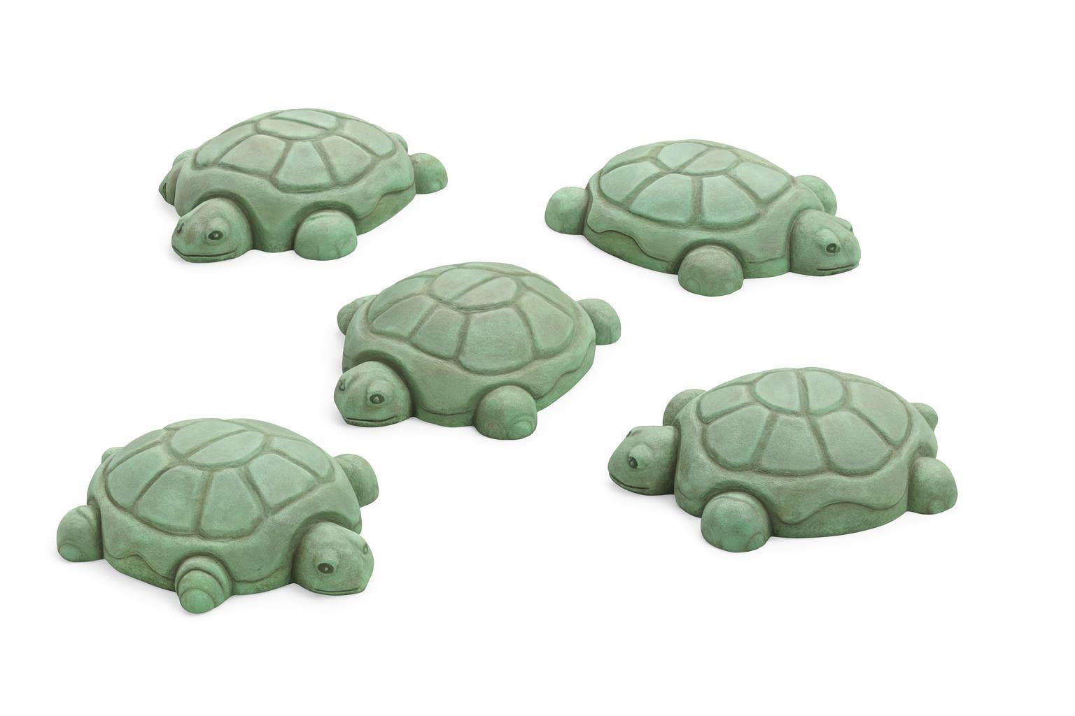 Nature Themed Turtle Steppers set of 5 green turtle-shaped climbing equipment on wood chip playground with child playing