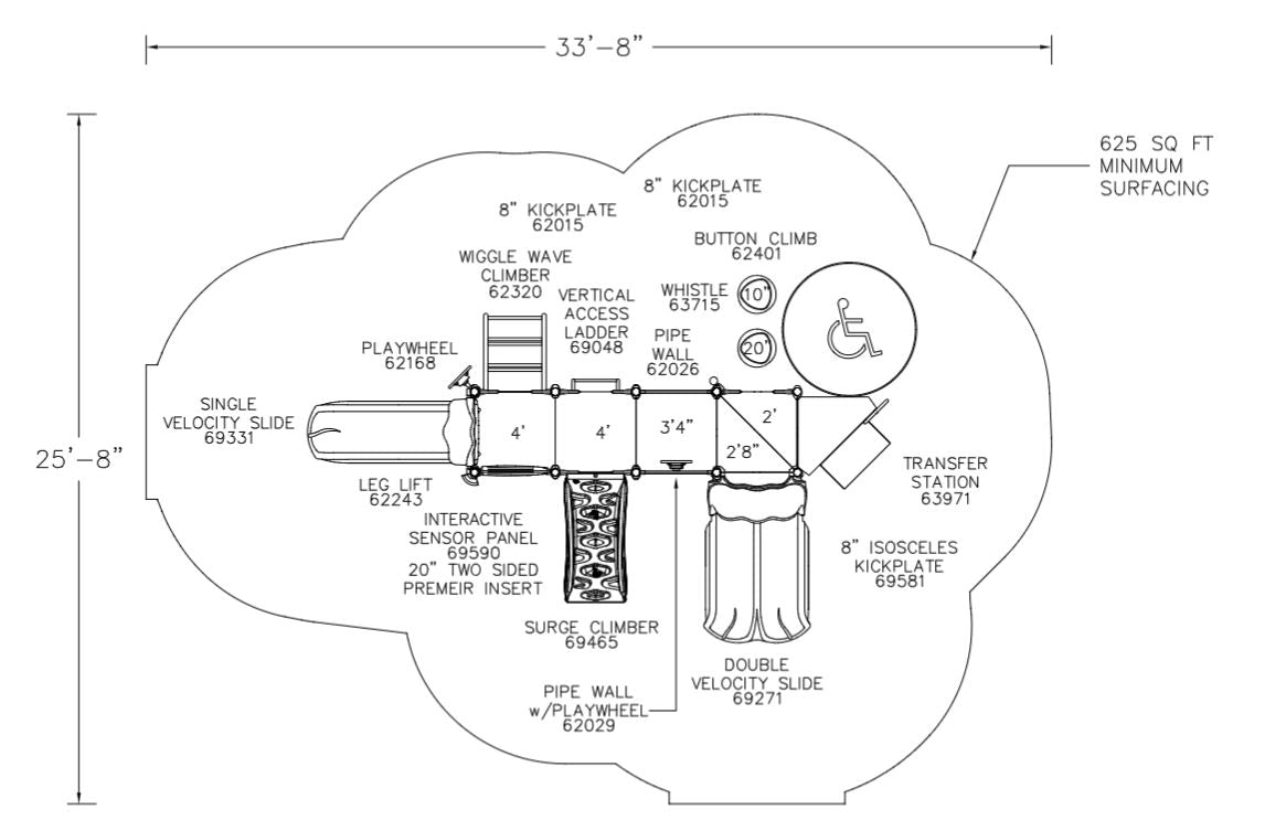 Overhead view of playground with single and double velocity slides, climbers, interactive sensor panel, pipe walls, and accessible transfer station