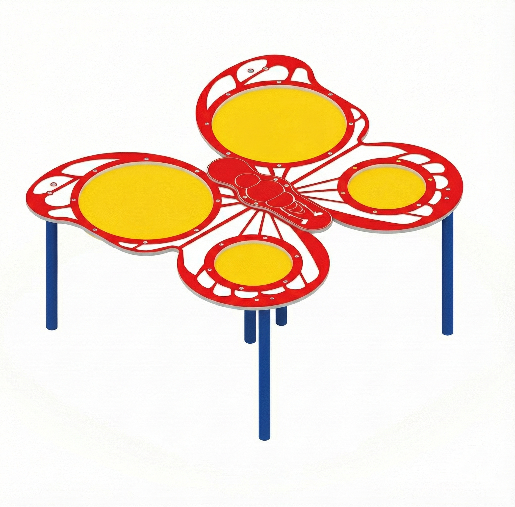 Butterfly Sand And Water Table With 4 Bowls, butterfly-shaped outdoor play table with four colorful sand and water bowls on blue legs for sensory play