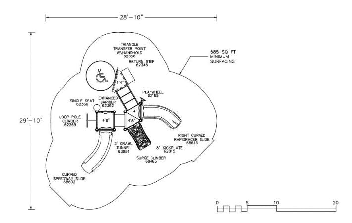 Overhead view of playground with slides, climbers, crawl tunnel, play wheel, and accessible transfer point in compact layout