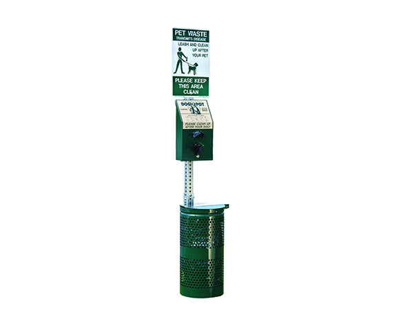Aluminum Waste Station GreenDog Park with locking dispenser and perforated receptacle for pet waste bags and refuse