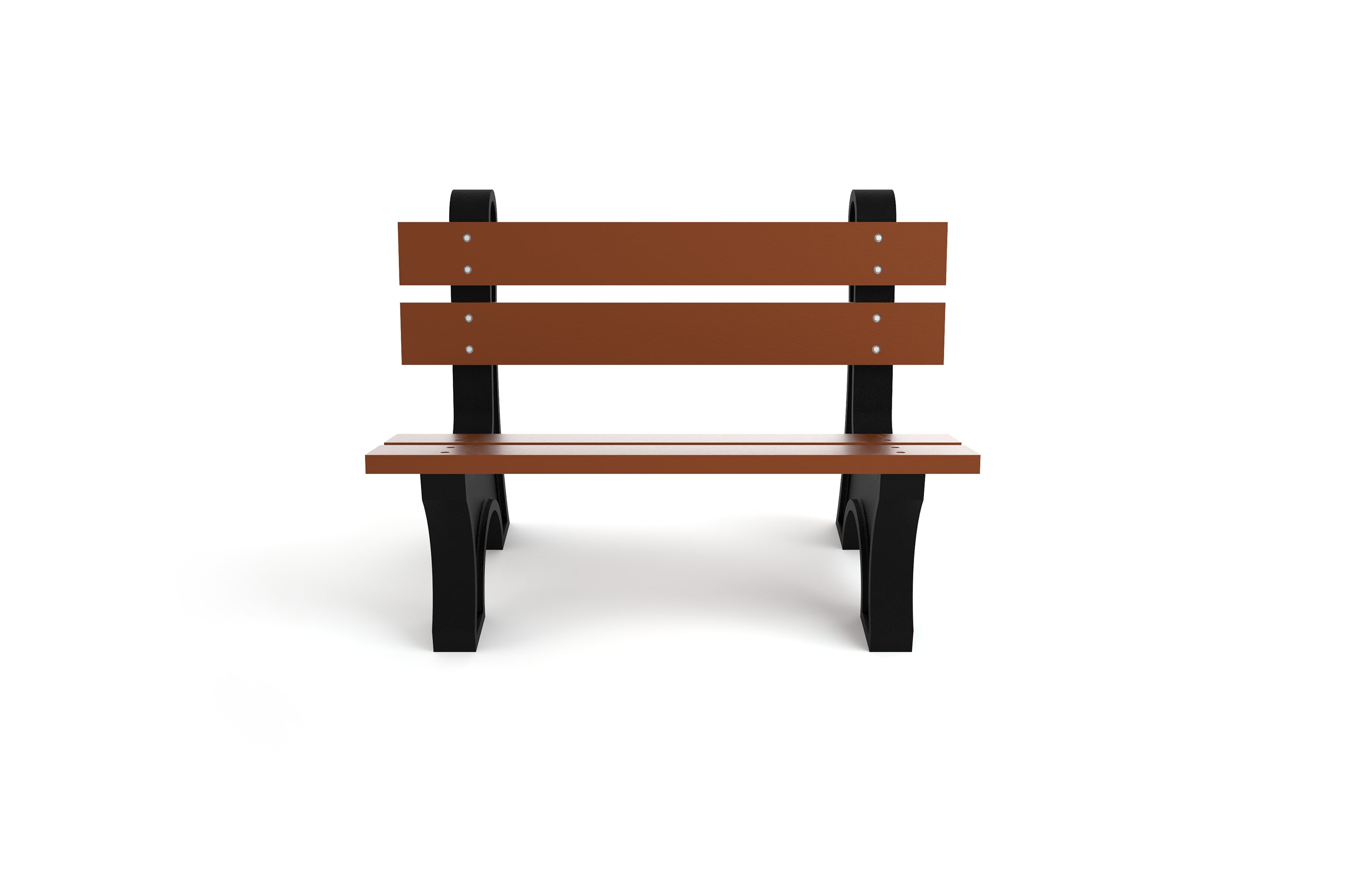 Brown recycled plastic park bench with black aluminum frame and wide resinwood slats, designed for outdoor use.