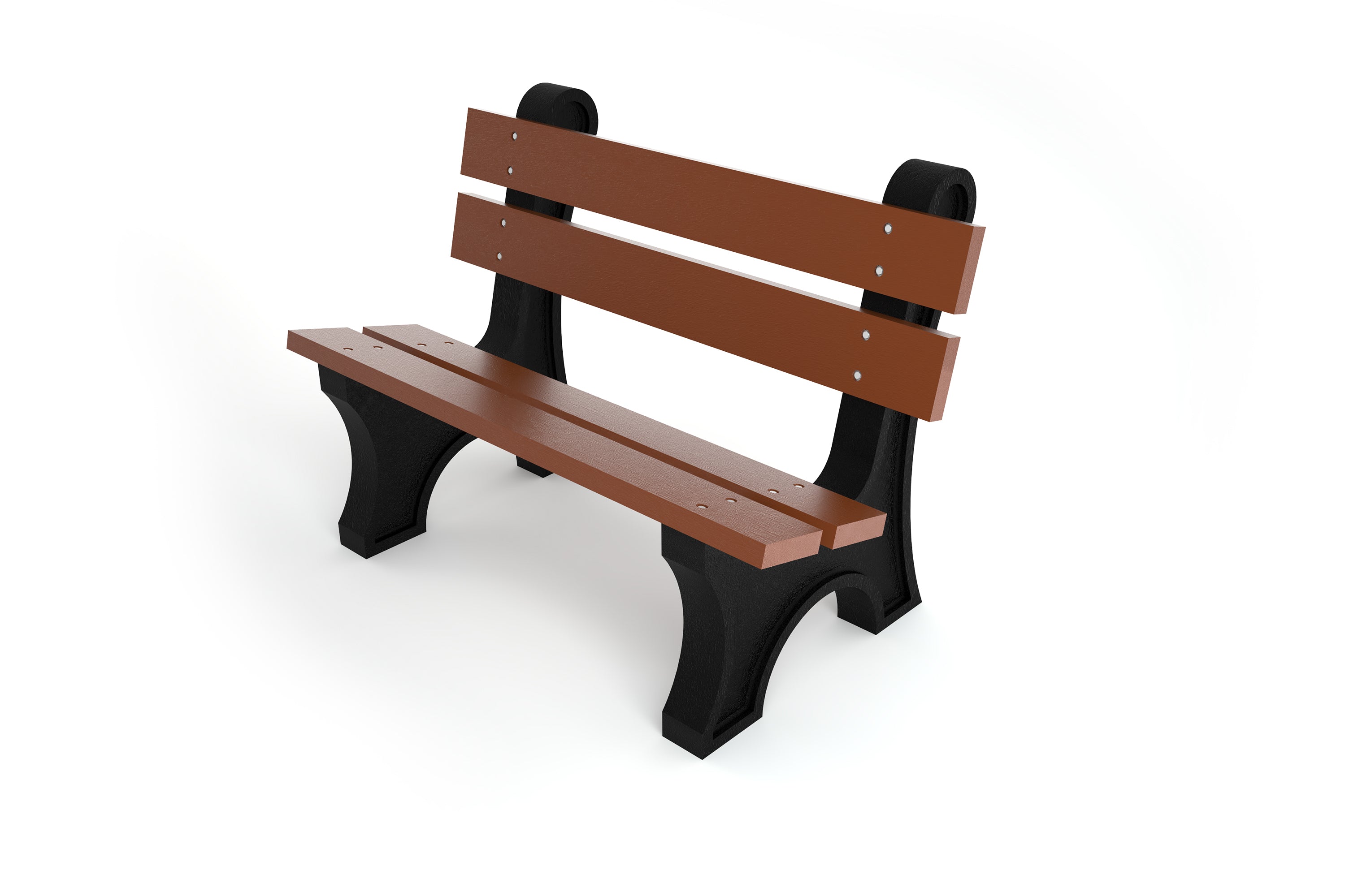 Outdoor park bench with wide brown resinwood slats and black recycled plastic frame, classic design for public spaces