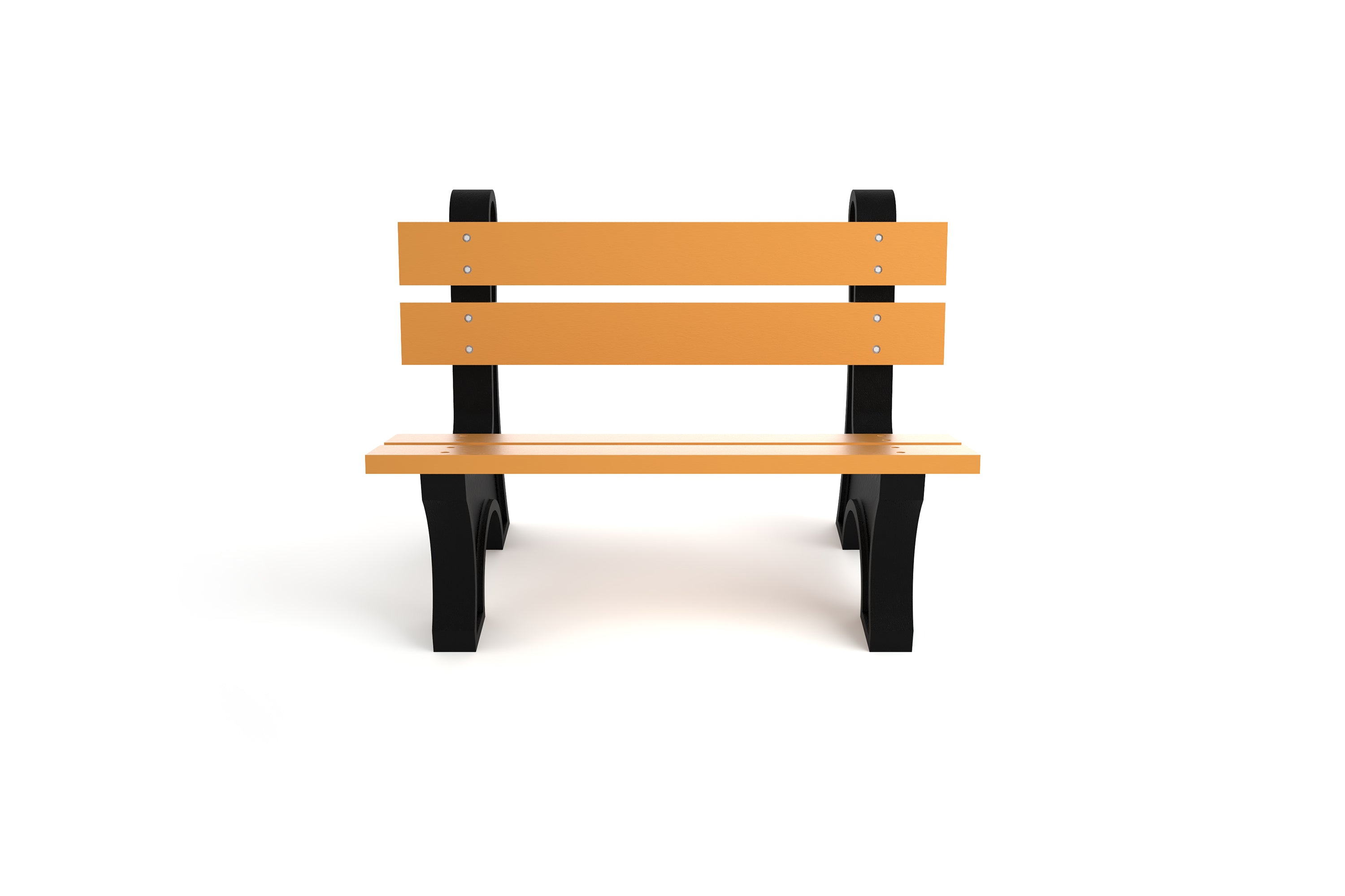 Outdoor park bench with wide cedar-colored resinwood slats and black aluminum frame, front view