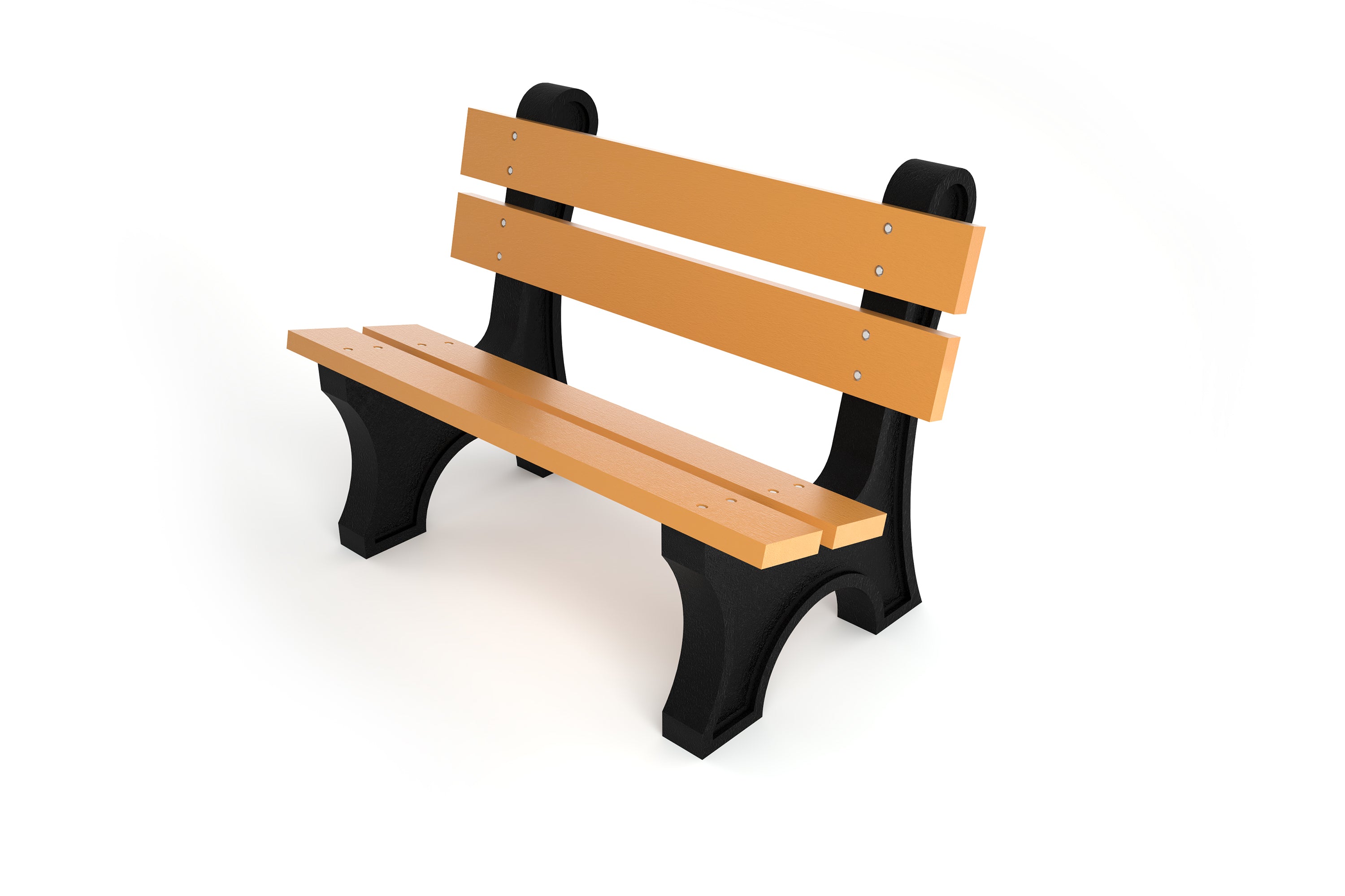 Outdoor park bench with wide tan resinwood slats and black aluminum frame, classic eco-friendly design