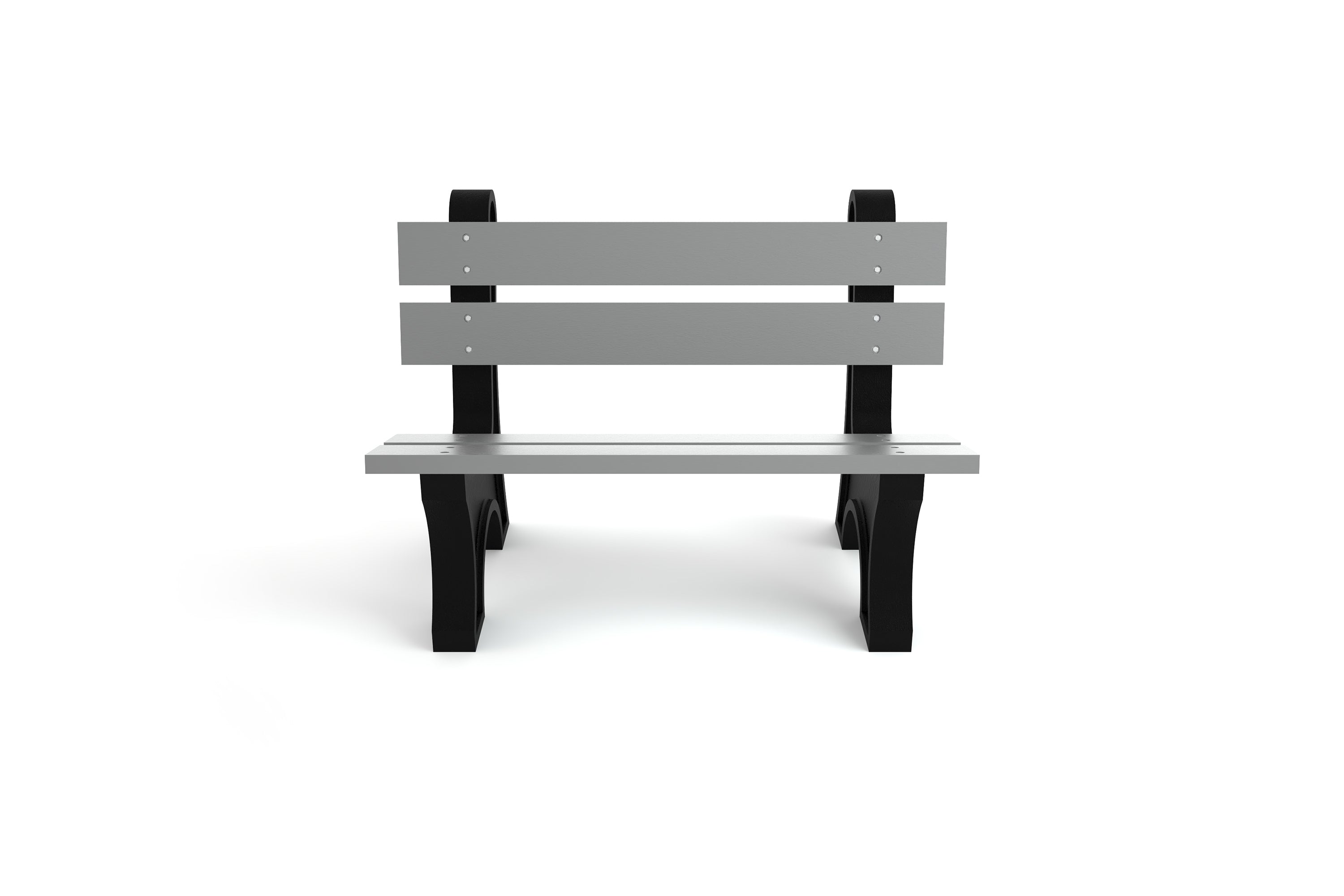 Gray recycled plastic park bench with wide slats and black aluminum frame, front view