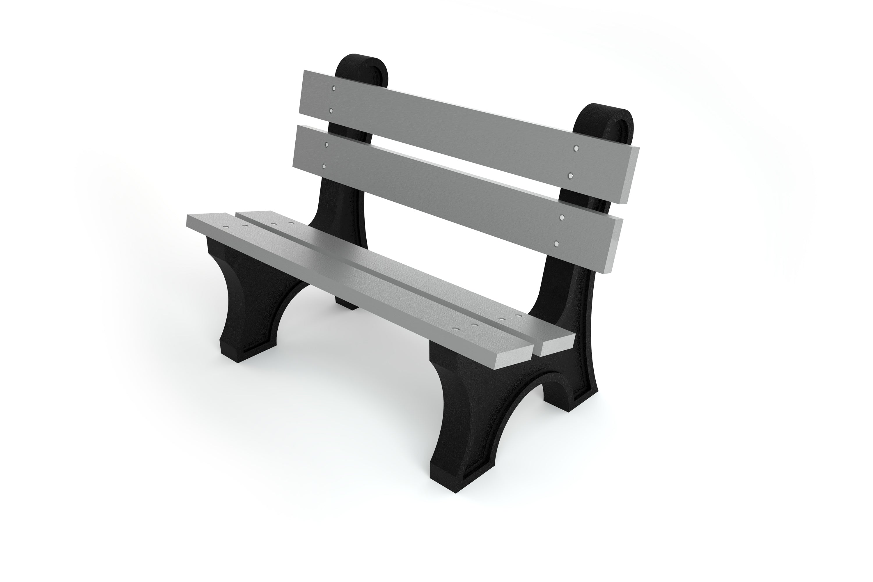 Outdoor park bench with wide gray resinwood slats and black aluminum frame, classic durable design for outdoor seating.