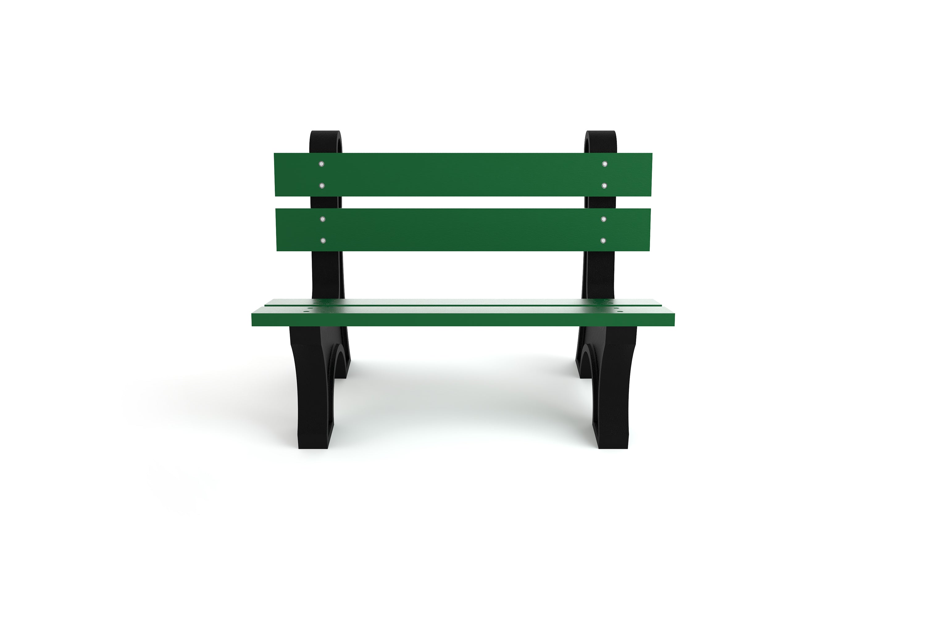 Green recycled plastic park bench with wide horizontal slats and black aluminum frame, front view