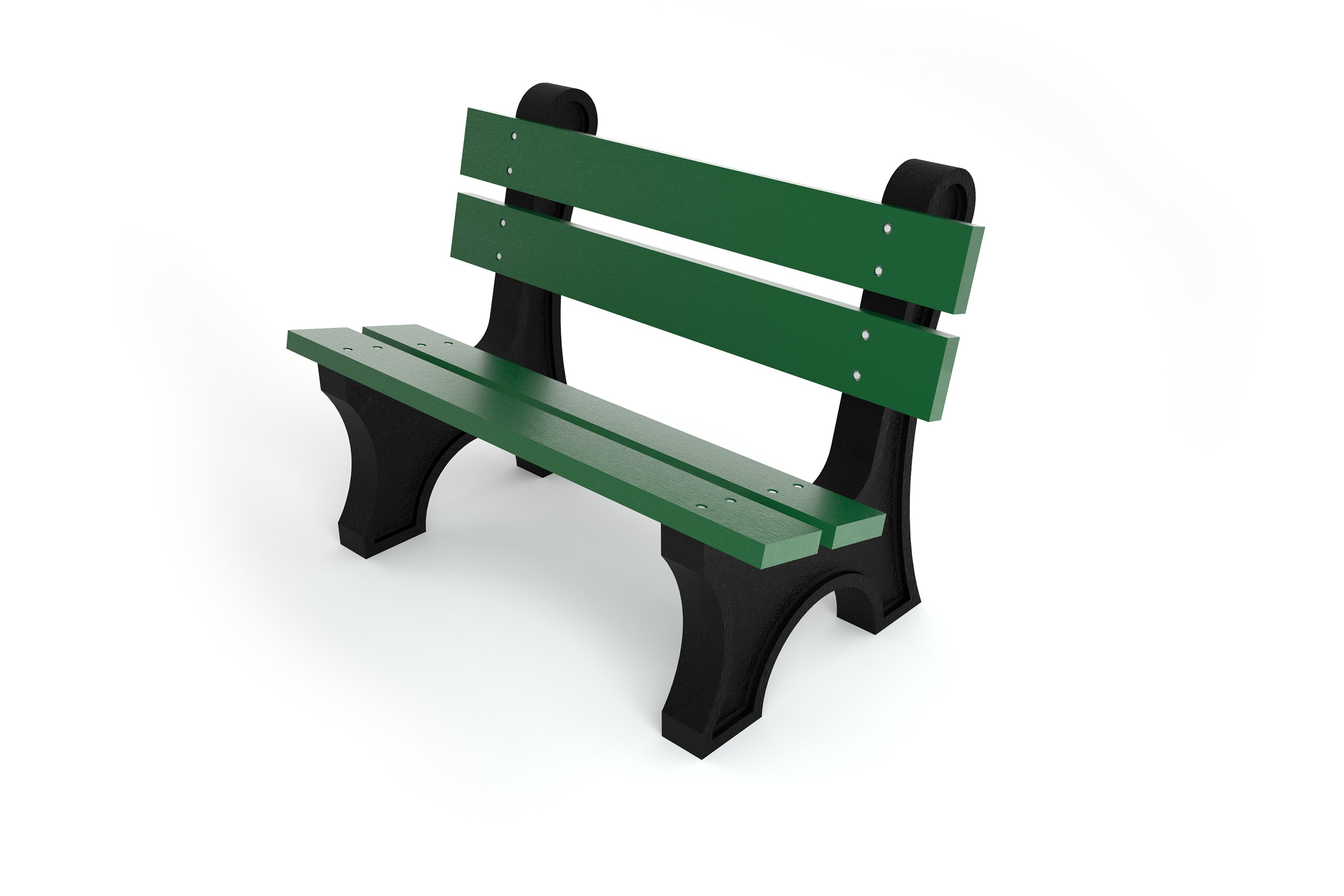 Outdoor park bench with wide green resinwood slats and black aluminum frame, classic sustainable design for outdoor seating.