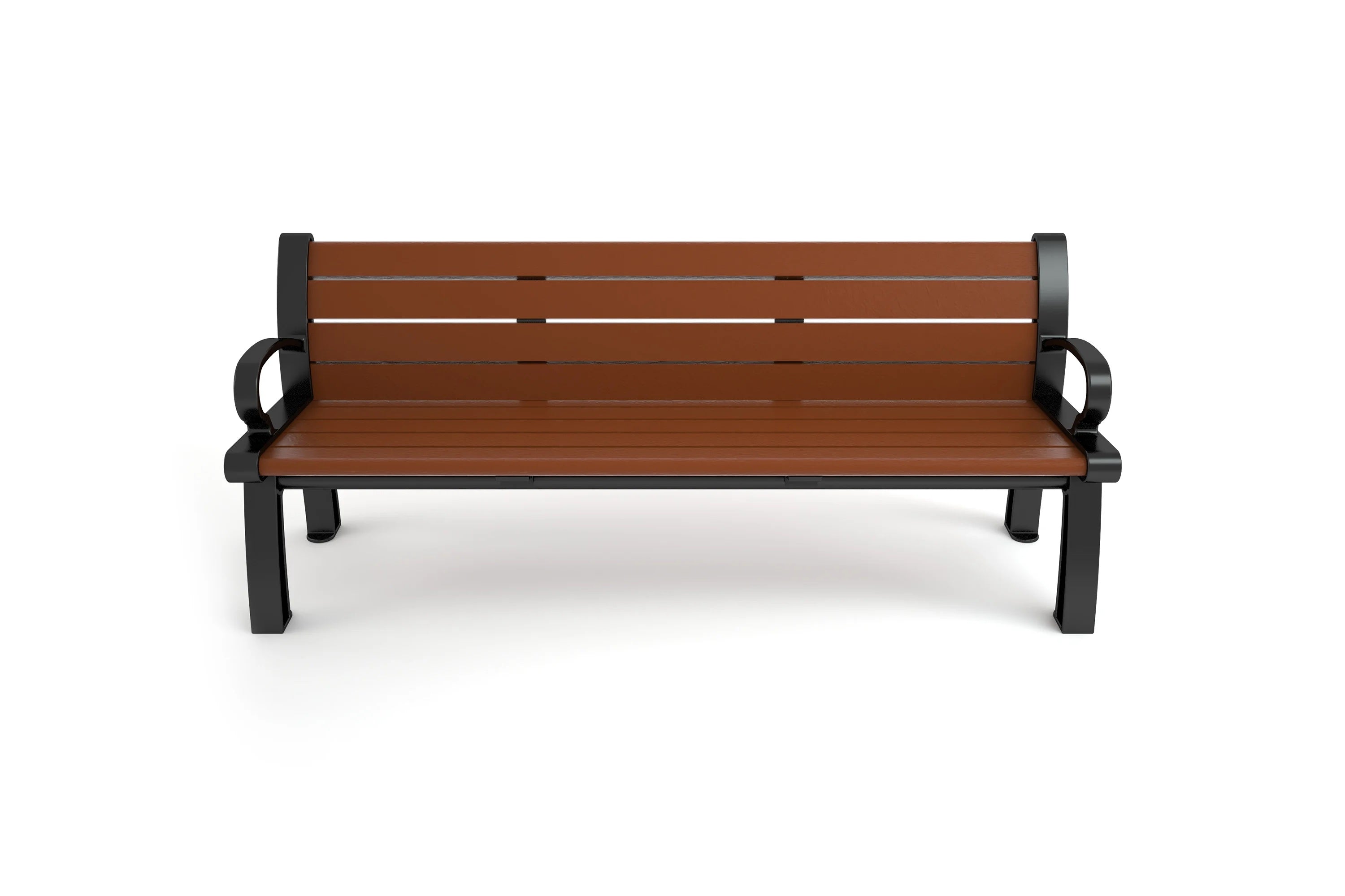 Six-foot park bench with black powder-coated cast aluminum frame and brown resinwood slats, front view.