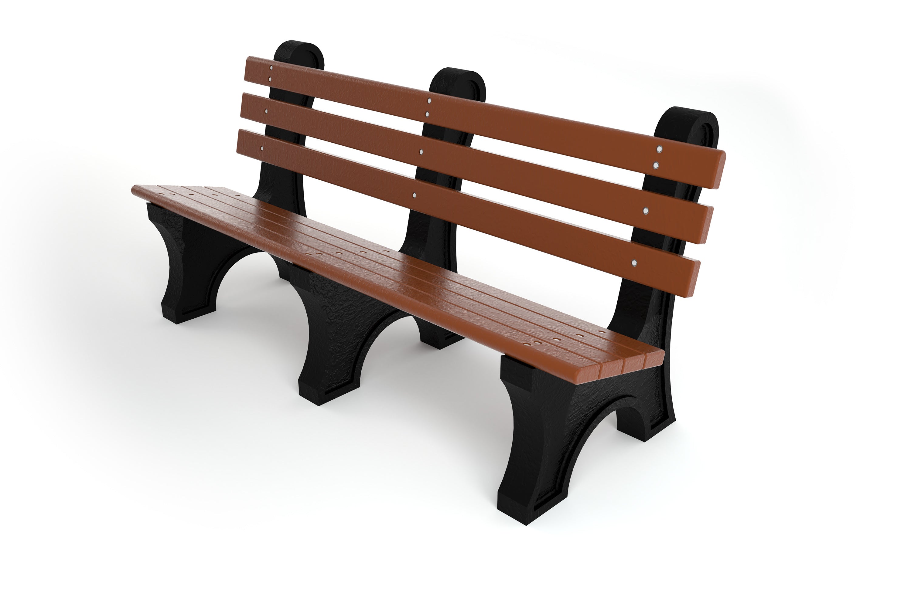 Brown recycled plastic park bench with wide slats and black cast aluminum legs, angled side view.