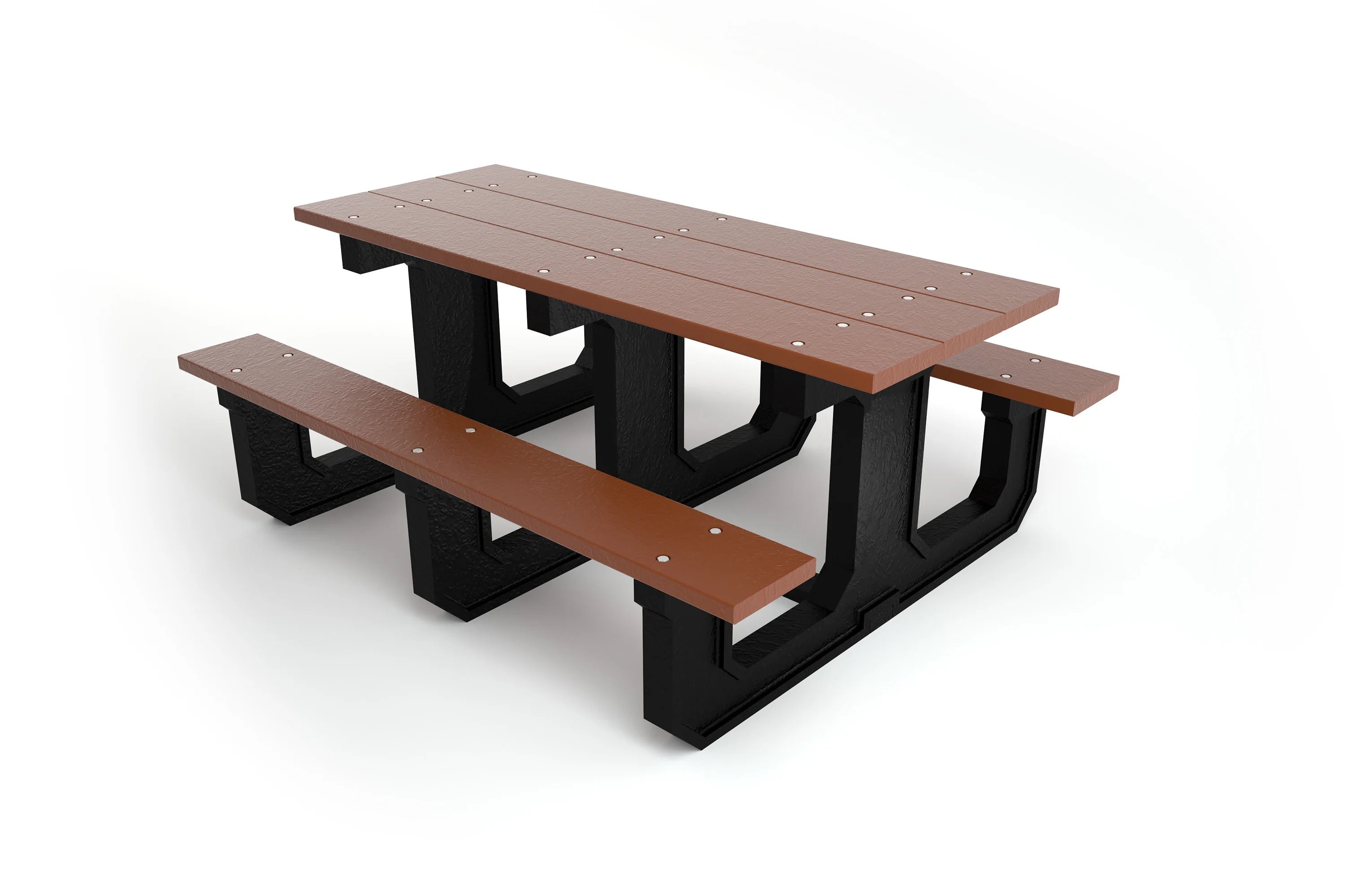 Brown recycled plastic picnic table with black supports and attached benches, angled view highlighting durable outdoor design