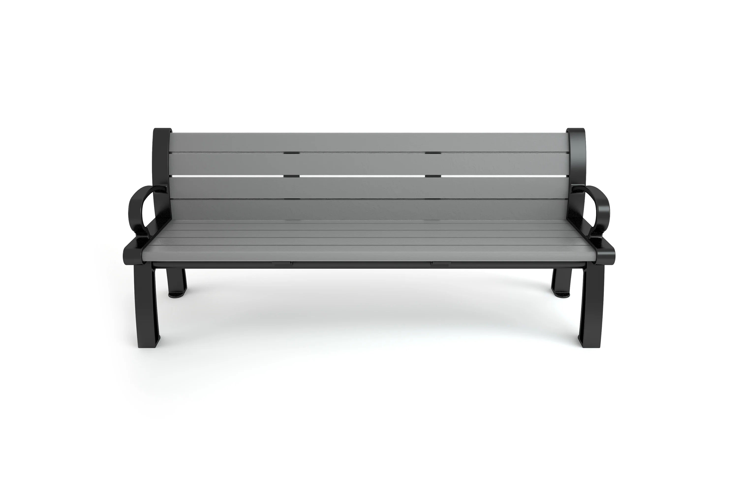 Black and gray outdoor park bench with resinwood slats and powder-coated cast aluminum frame