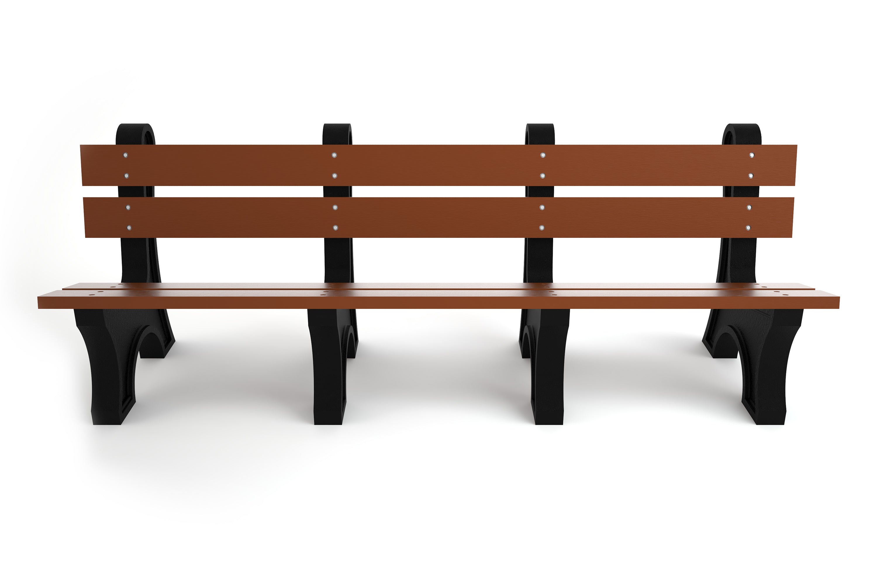 Brown recycled plastic park bench with wide slats and black aluminum frame, front view, durable eco-friendly outdoor seating