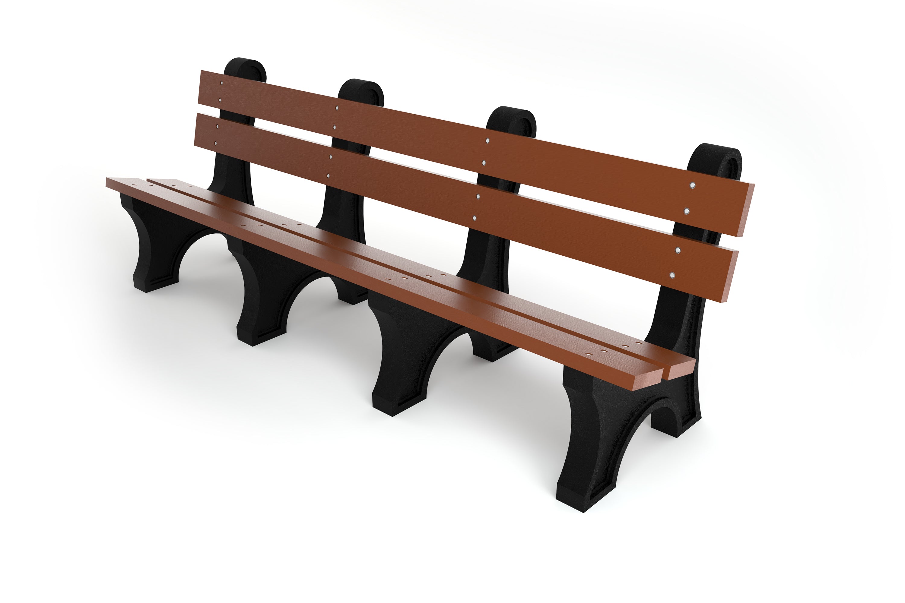 Outdoor park bench with wide brown resinwood slats and black aluminum frame, durable and eco-friendly design