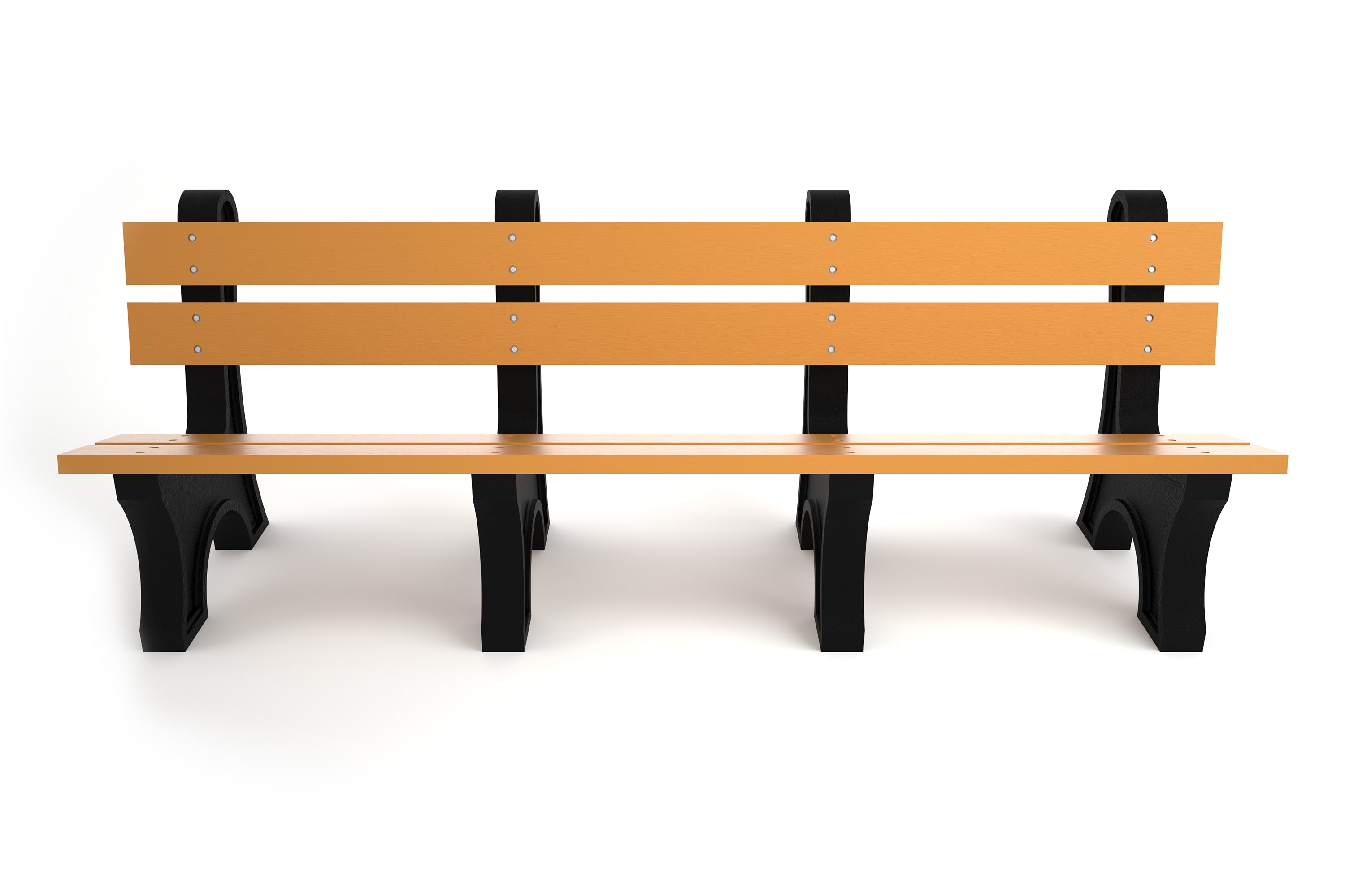 Long outdoor park bench with wide cedar-colored resinwood slats and black aluminum supports, durable and eco-friendly design.