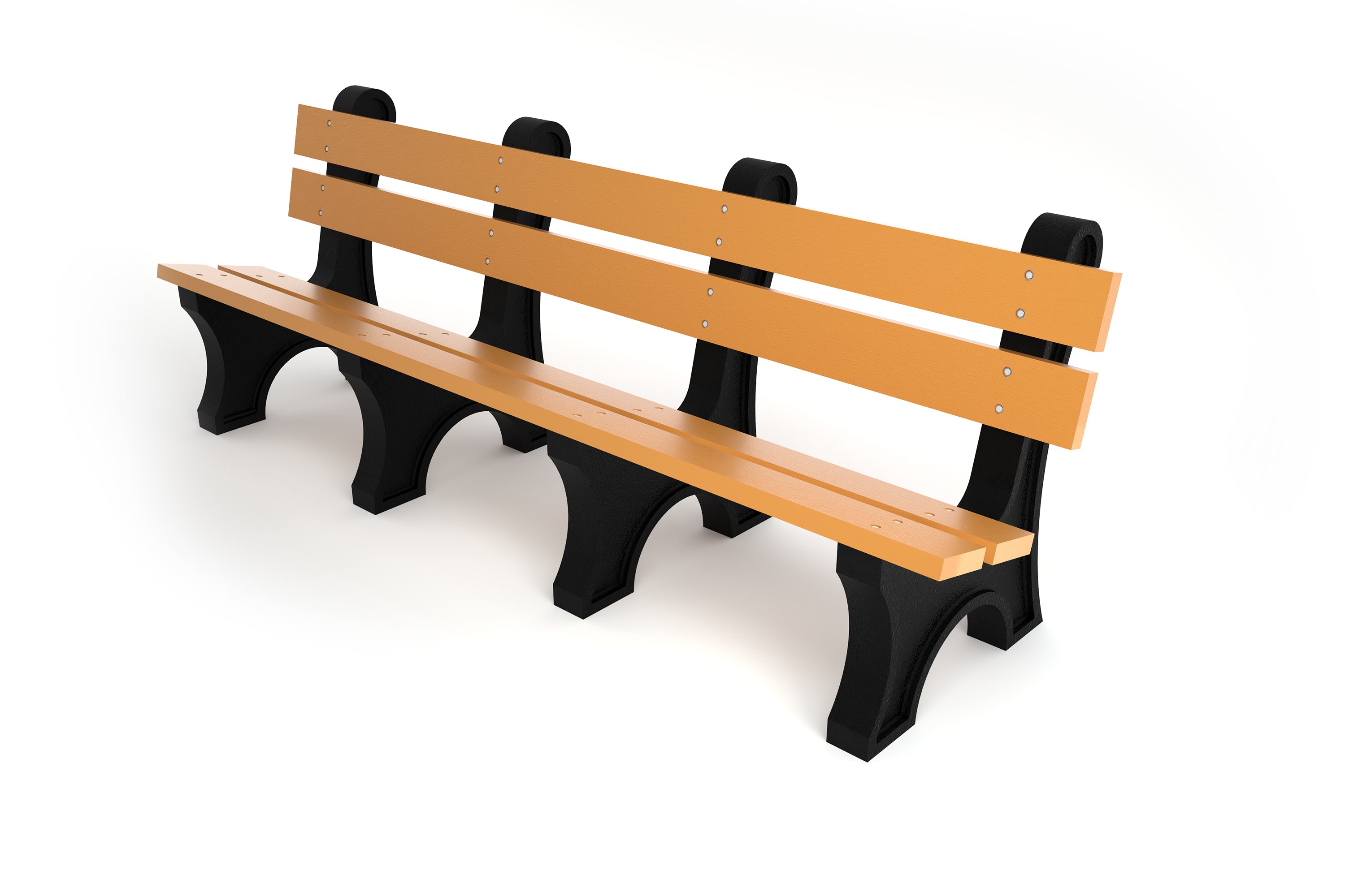 Outdoor park bench with wide tan resinwood slats and black aluminum frame, classic eco-friendly design