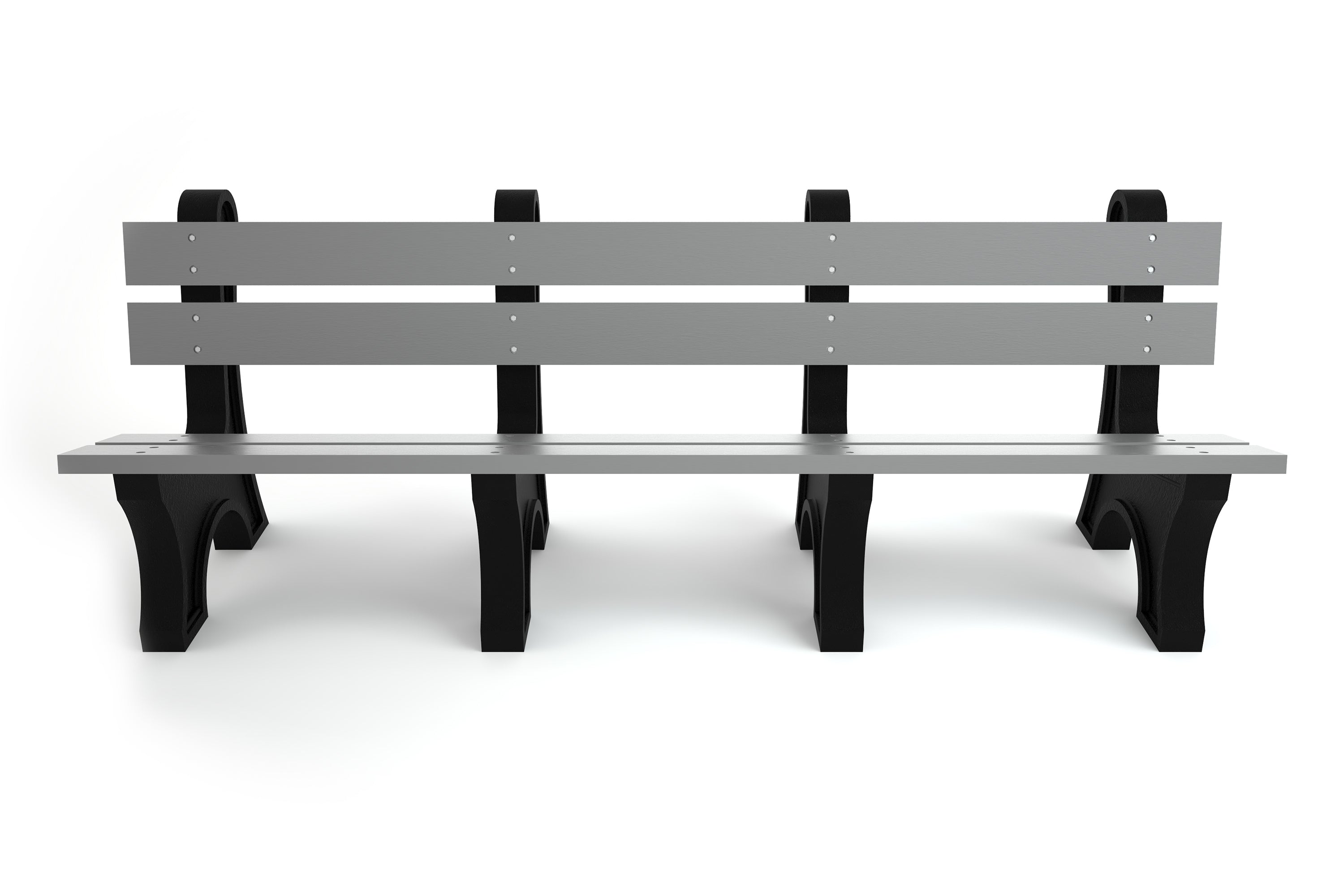 Gray recycled plastic park bench with wide slats and black curved aluminum supports, front view