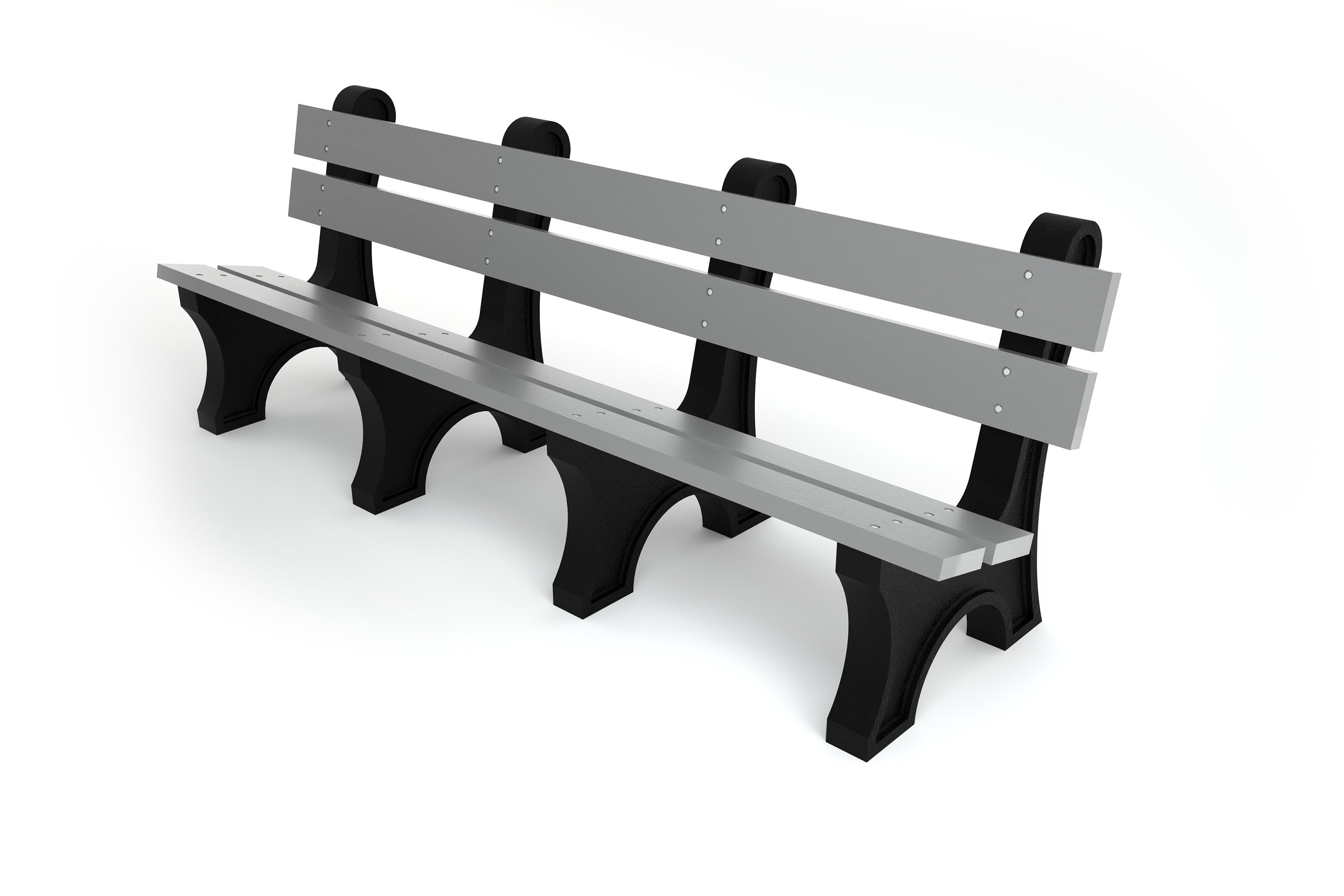 Outdoor park bench with wide gray resinwood slats and black aluminum frame, classic eco-friendly design