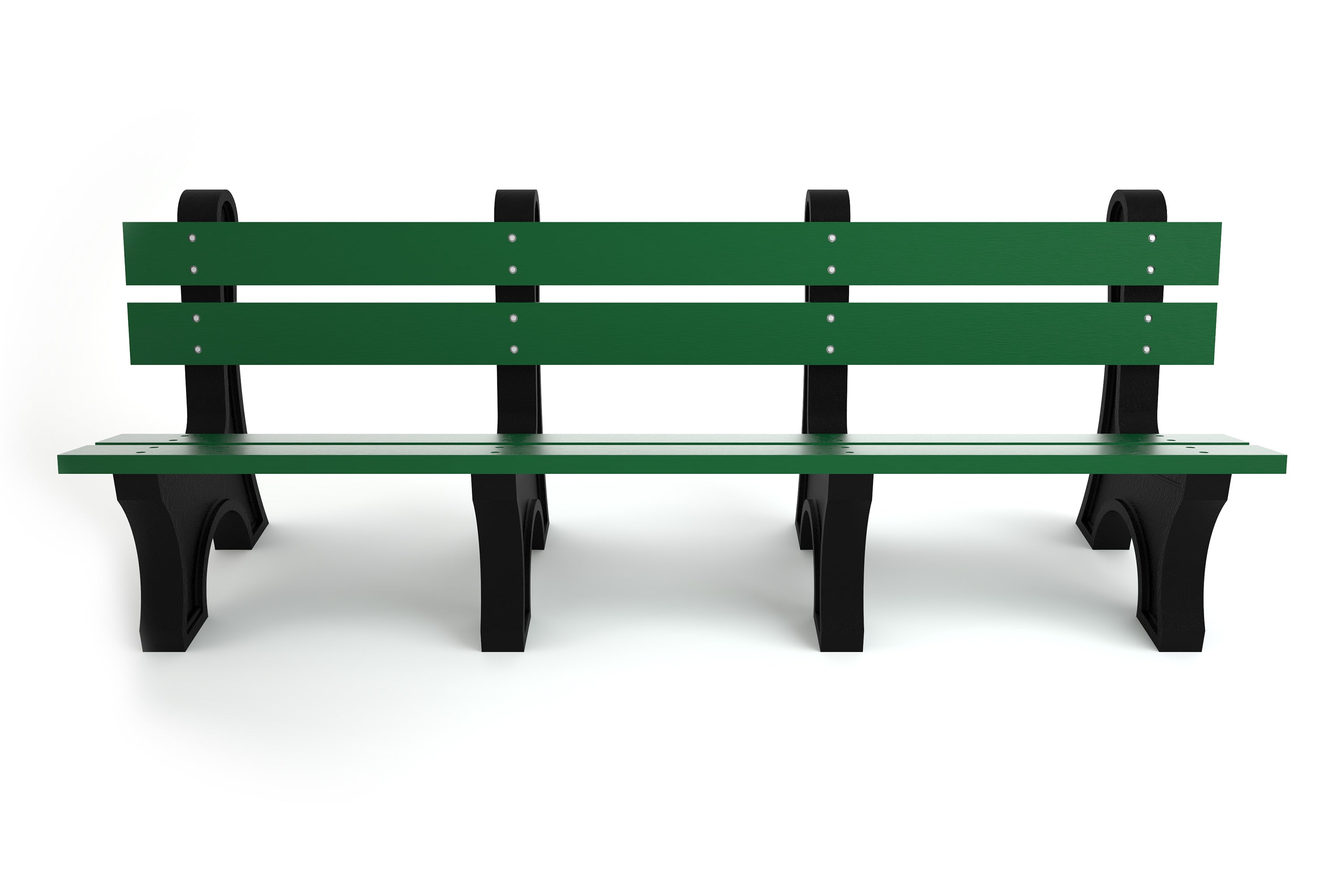 Green outdoor park bench with wide resinwood slats and black aluminum legs, designed for durability and eco-friendly use.