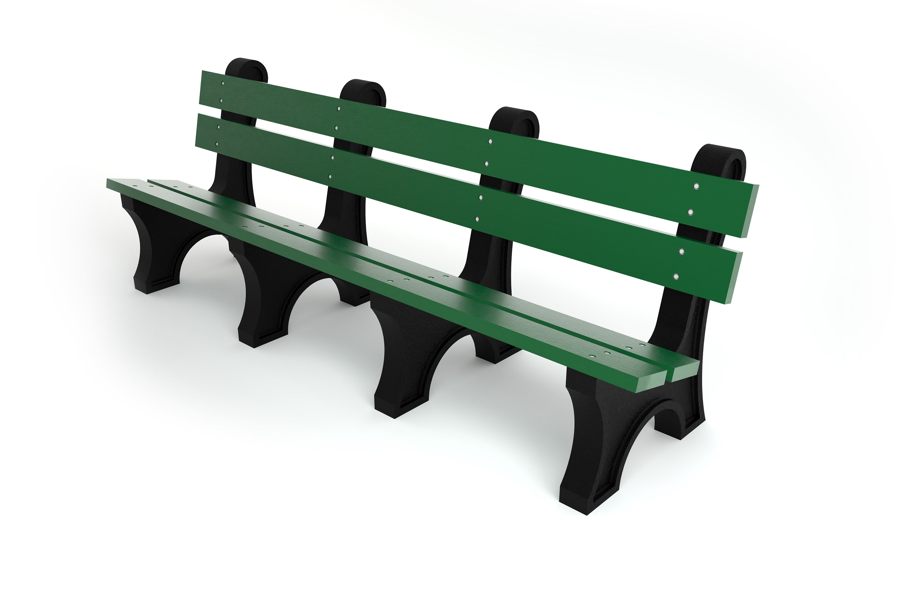 Outdoor park bench with wide green resinwood slats and black aluminum frame, classic eco-friendly design