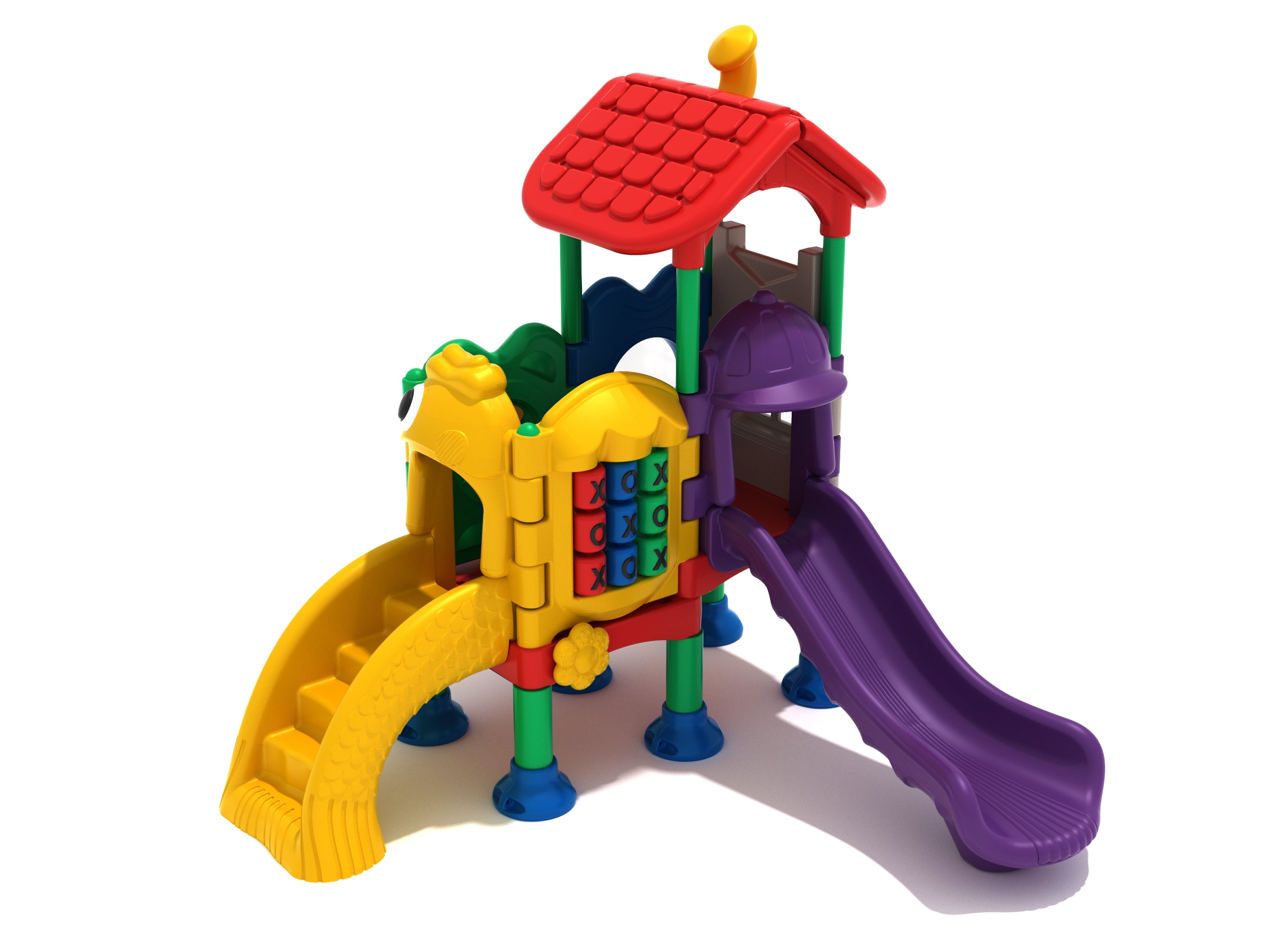 Raindrop Imagination Station play system with yellow stairs, purple slide, and tic tac toe panel on compact playground structure