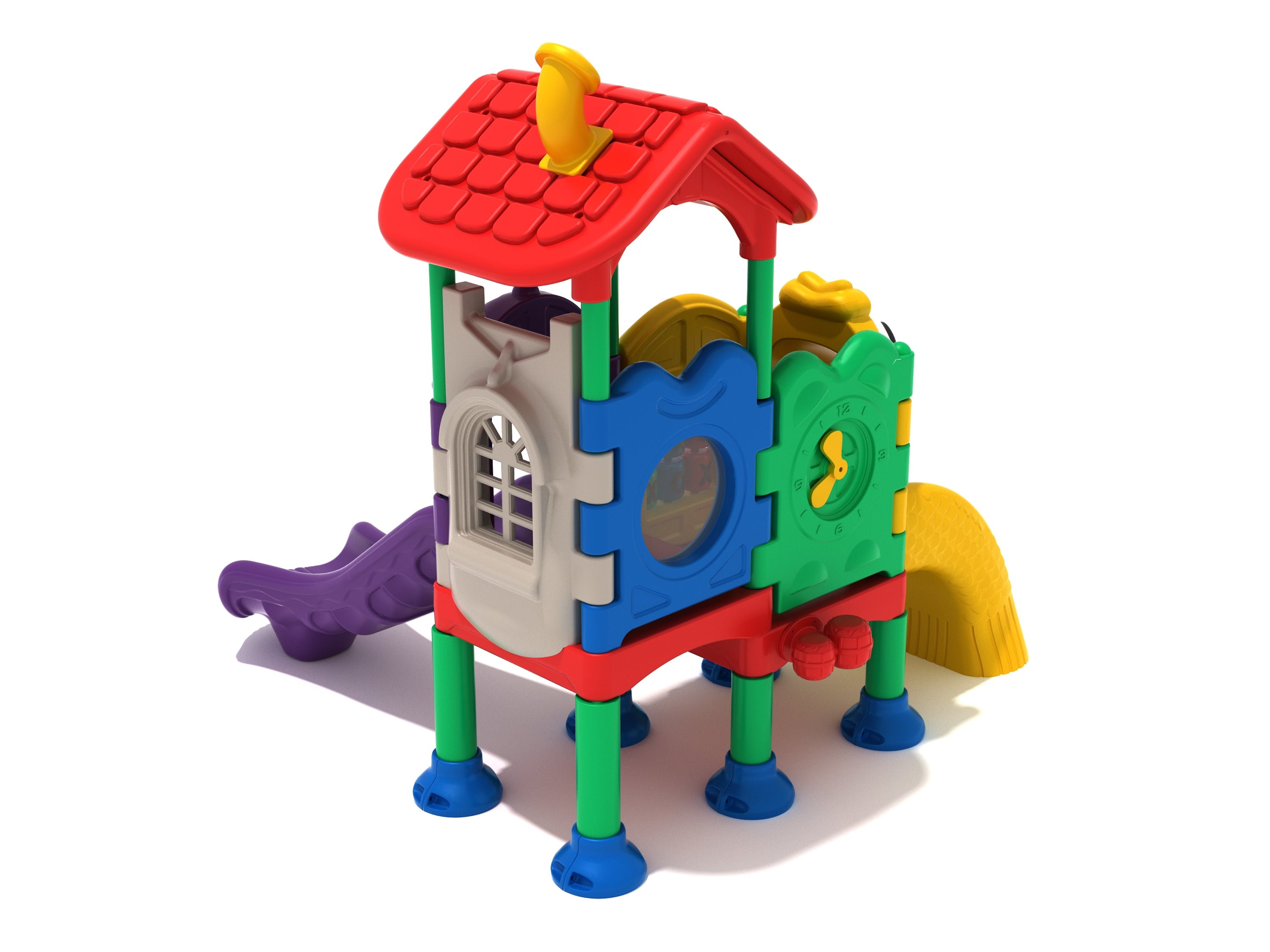 Compact colorful playground structure with roof, slides, interactive panels, and play features for small spaces