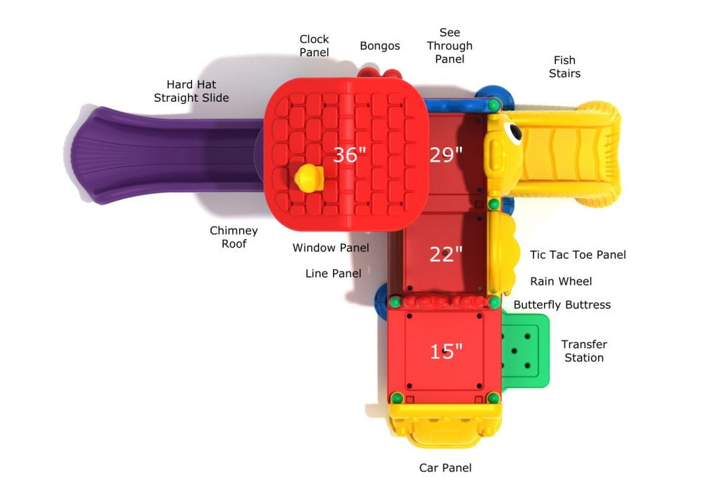 Overhead view of colorful children's play system with slide, stairs, rain wheel, bongos, car panel, and tic tac toe game