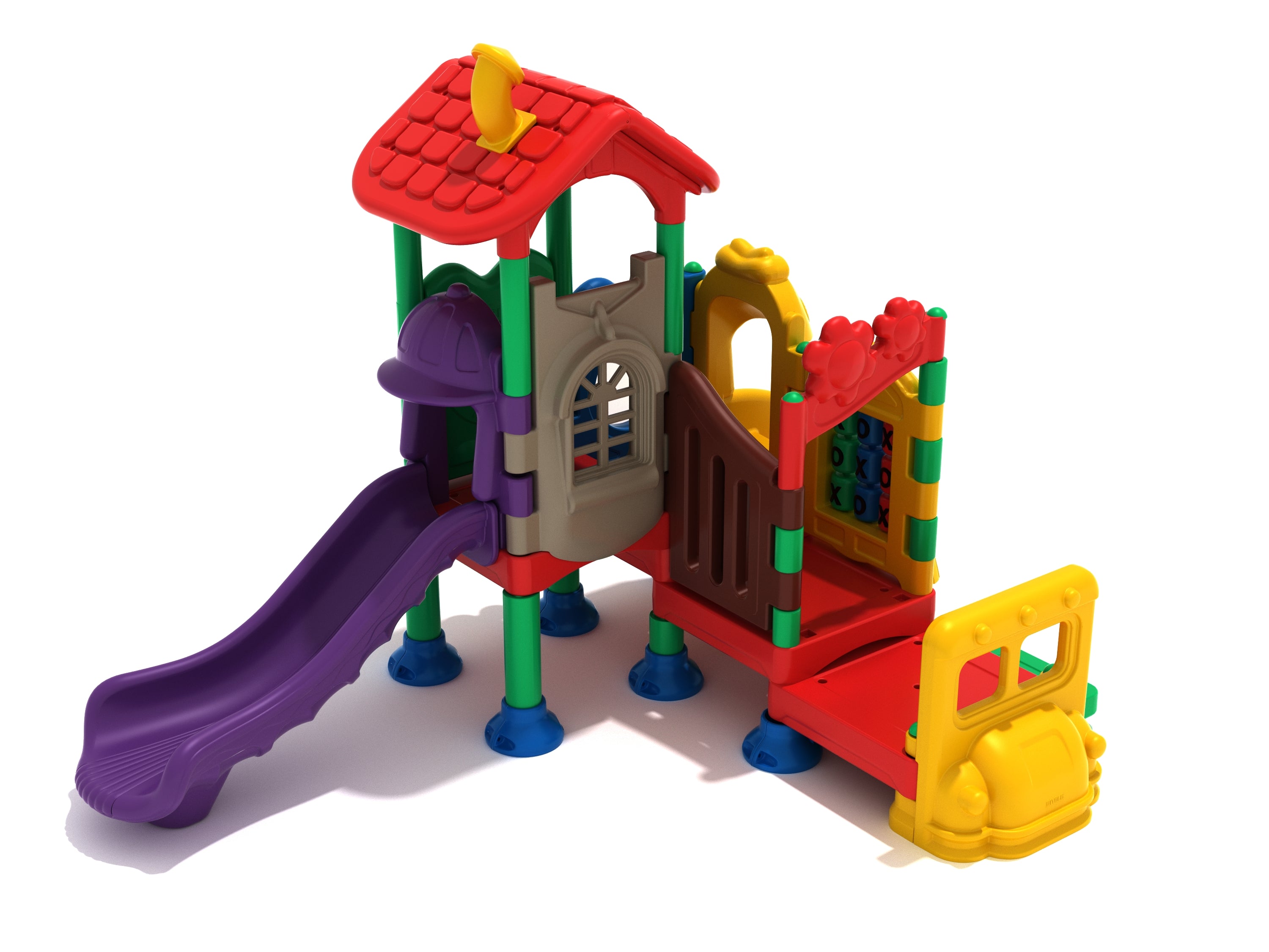 Moonlight Imagination Station large play system with purple slide, tic tac toe panel, car-themed play elements, and sensory ground-level features
