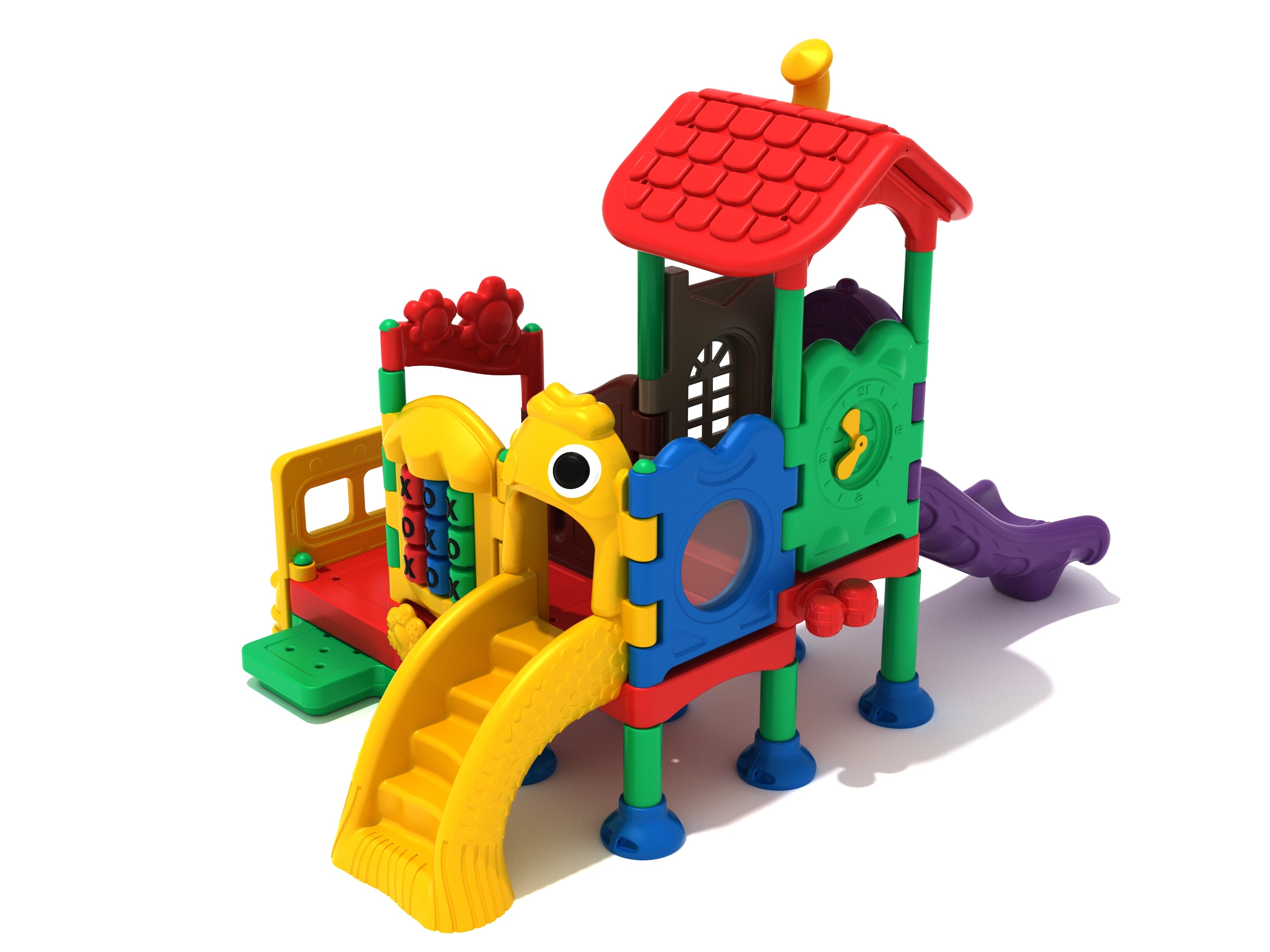 Colorful children's play structure with slides, tic tac toe panel, clock face, and musical bongos