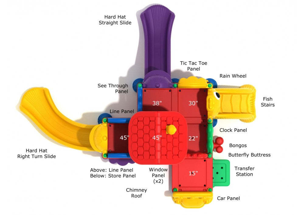 Overhead view of colorful playground with slides, stairs, sensory panels, and interactive play elements