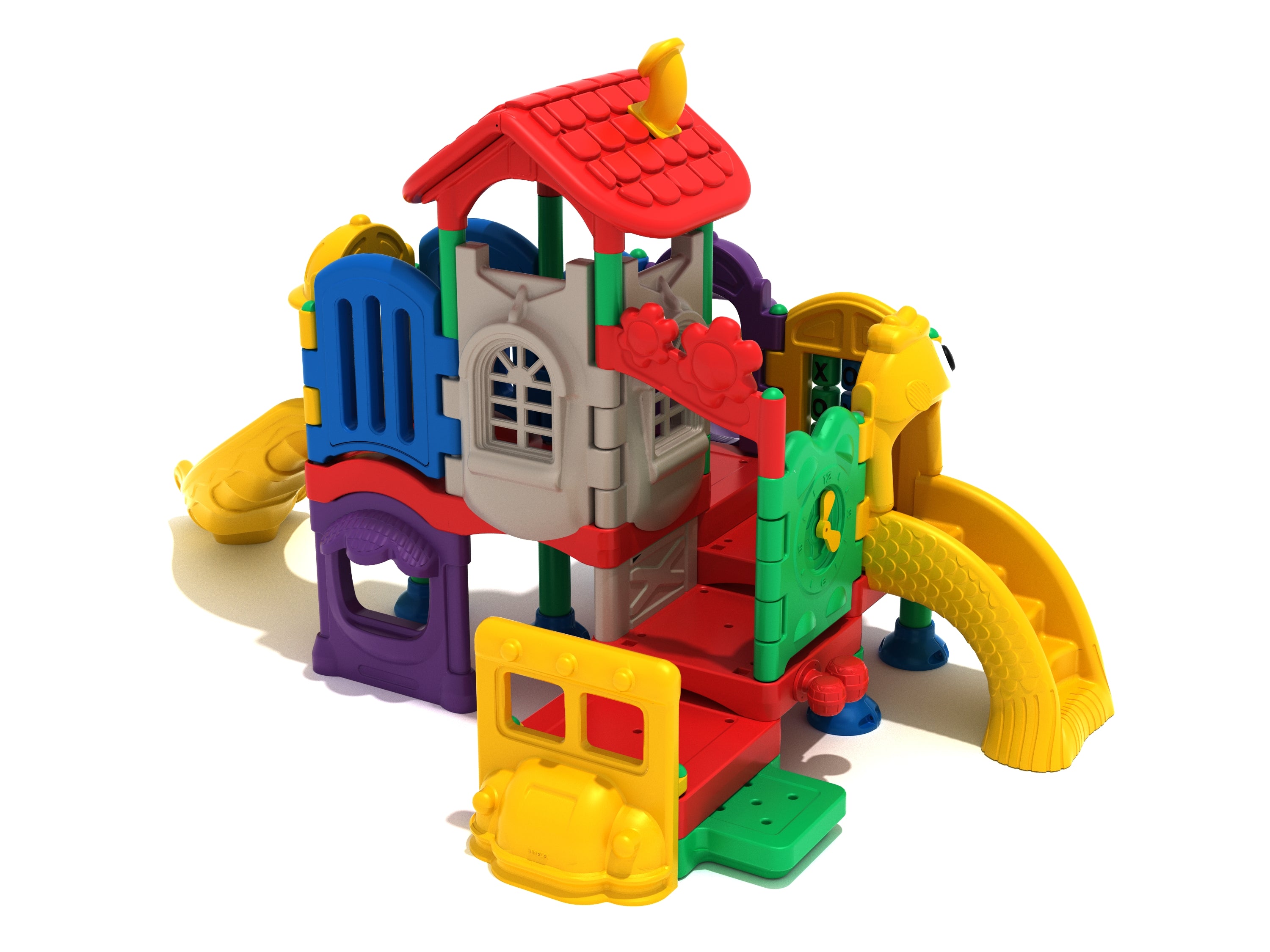 Colorful outdoor toddler playset with curved slide, clock and tic-tac-toe panels, bus panel, stairs, windowed tower