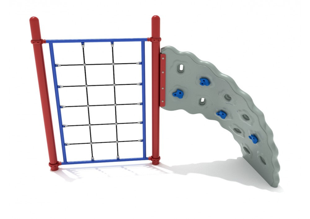 1 Panel Rope Challenger climbing equipment with curved rock climbing panel, blue holds, red frame, and blue rope grid
