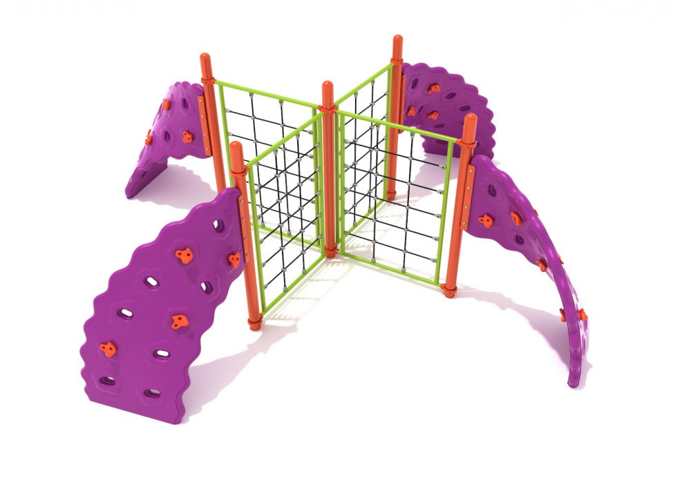 Overhead view of 4 Panel Rope Challenger climbing equipment with purple curved rock wall panels and green rope wall climbers