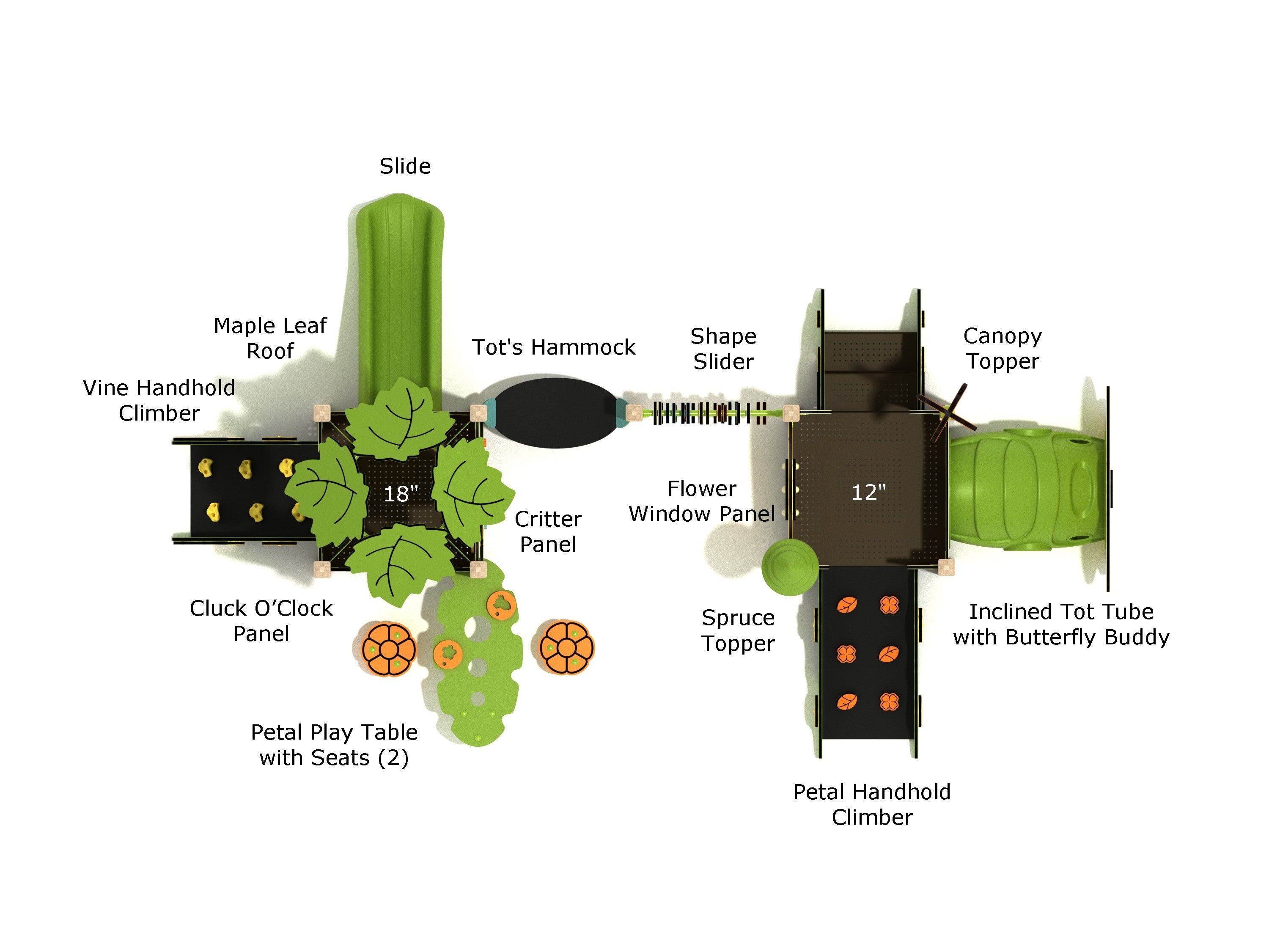 Overhead view of toddler play structure with green slide, canopy toppers, climbers, panels, and petal play table with seats