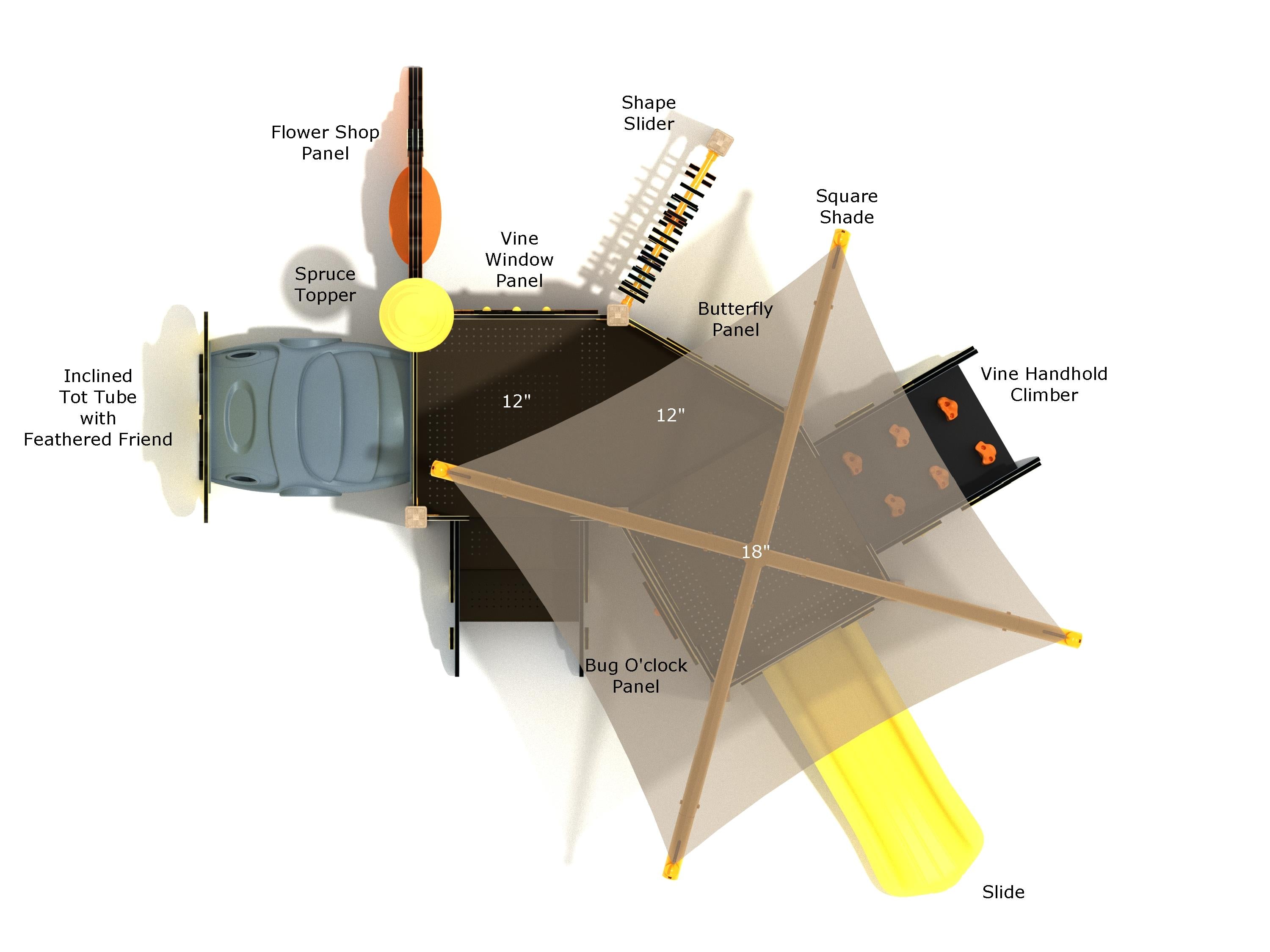 Overhead view of toddler play structure with shaded canopy, slide, crawl tube, climber, and interactive panels featuring butterflies and shapes