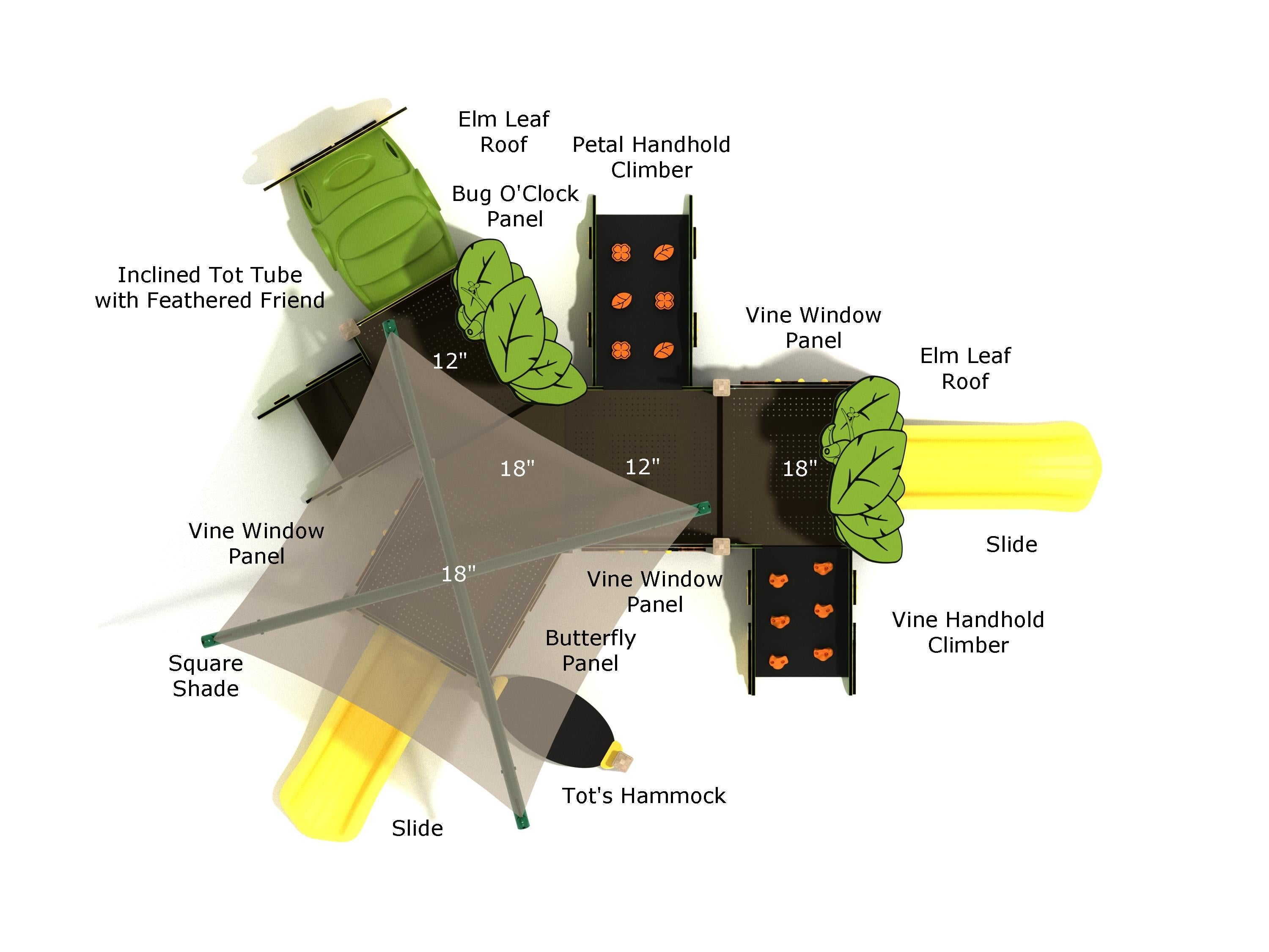 Overhead view of toddler play structure with elm leaf roofs, yellow slides, climbers, vine and butterfly panels, square shade, and tot hammock