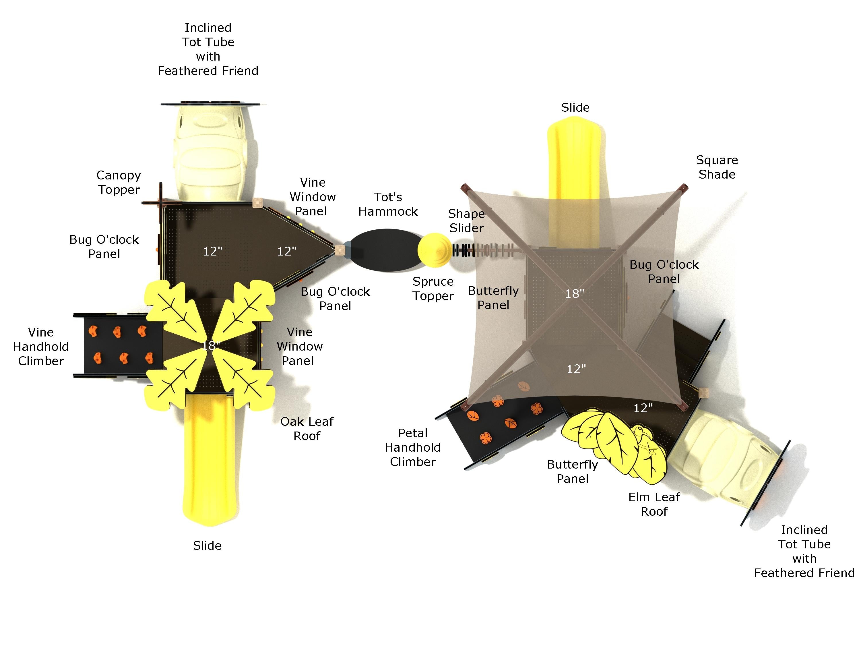 Overhead view of toddler play structure with slides, canopy shades, leaf-shaped roofs, climbers, and activity panels