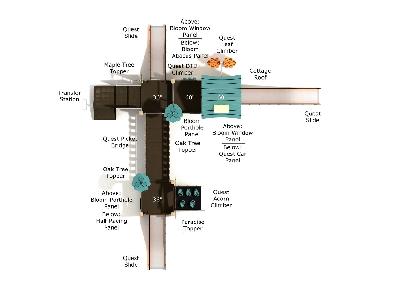 Overhead view of multi-deck playground with dual slides, climbers, picket bridge, themed panels, and cottage-style roof