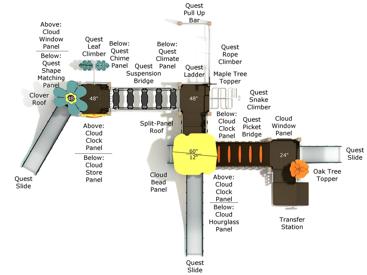 Overhead view of commercial playground with slides, climbers, suspension and picket bridges, and themed activity panels