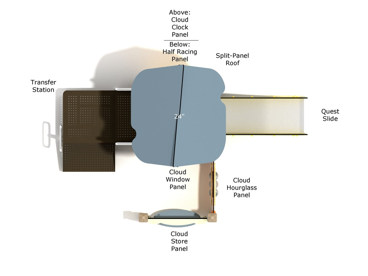 Overhead view of compact play structure with split-panel roof, quest slide, transfer station, and cloud-shaped sensory panels