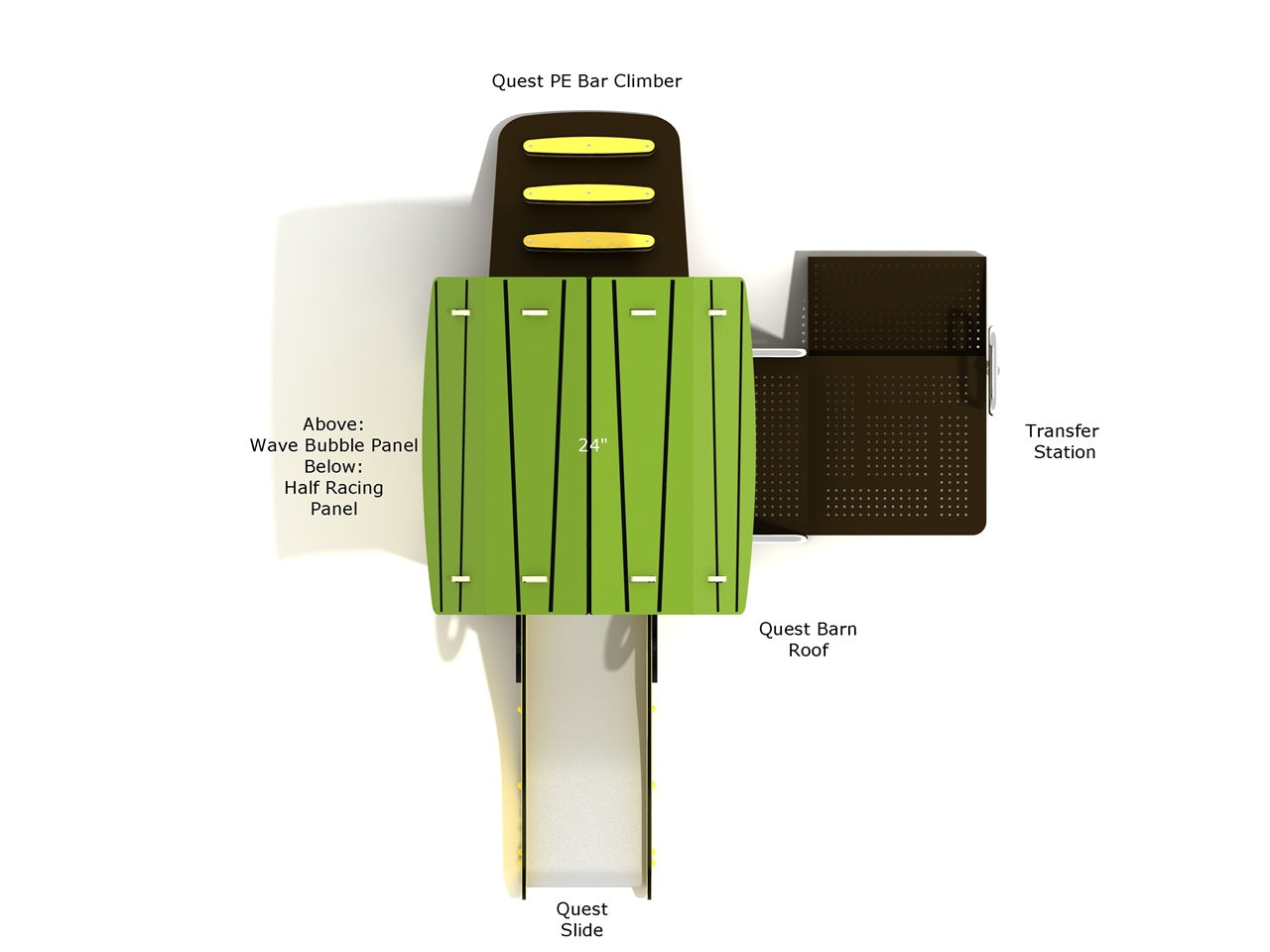Overhead view of compact playground with green barn-style roof, yellow PE bar climber, transfer station, and slide