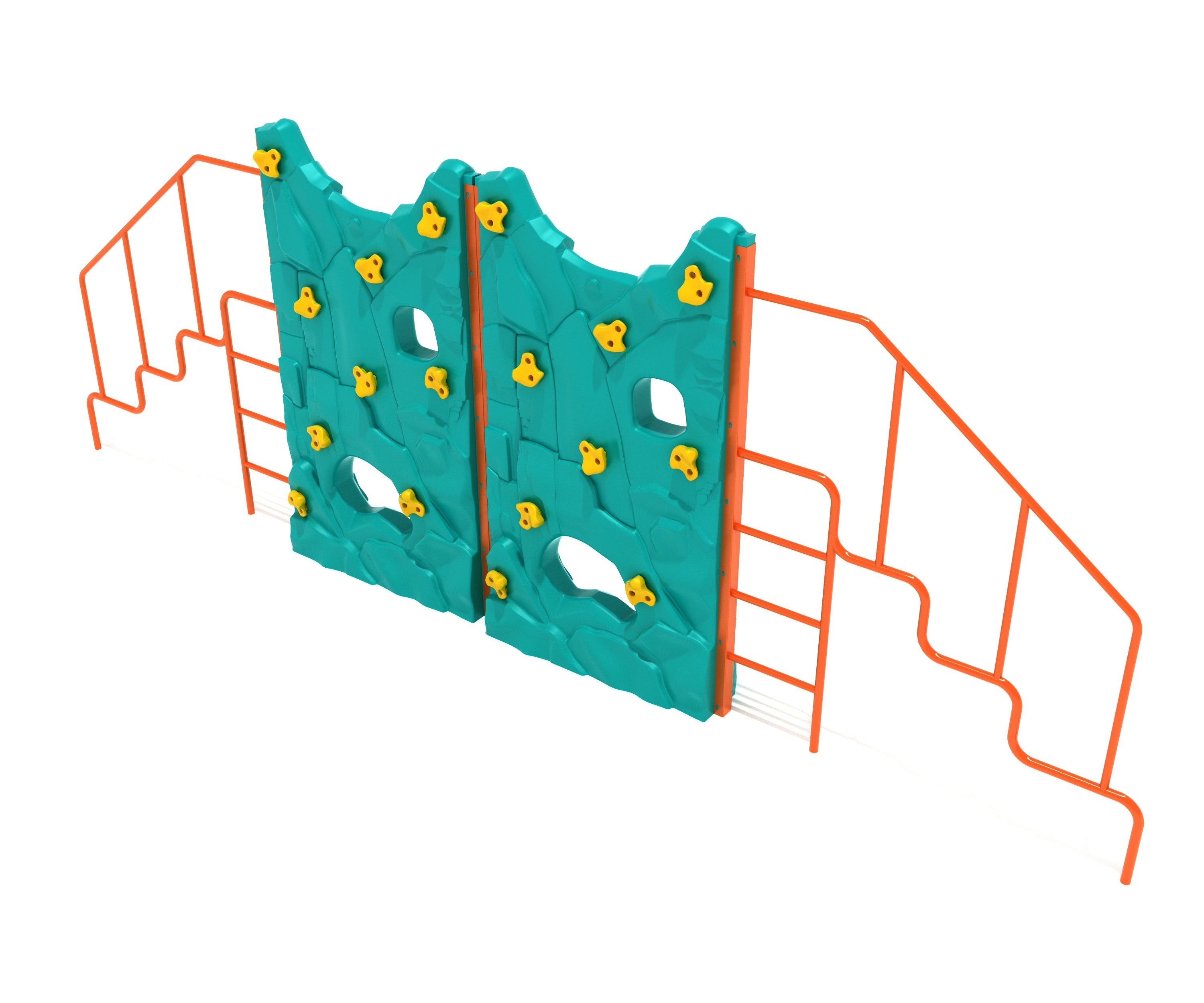 Outdoor kids' climbing structure with two teal panels, yellow climbing holds, orange side rail ladders, and cutout windows for active play